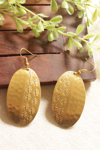 Oval Shape Leaf Motif Engraved Brass Dangler Earrings
