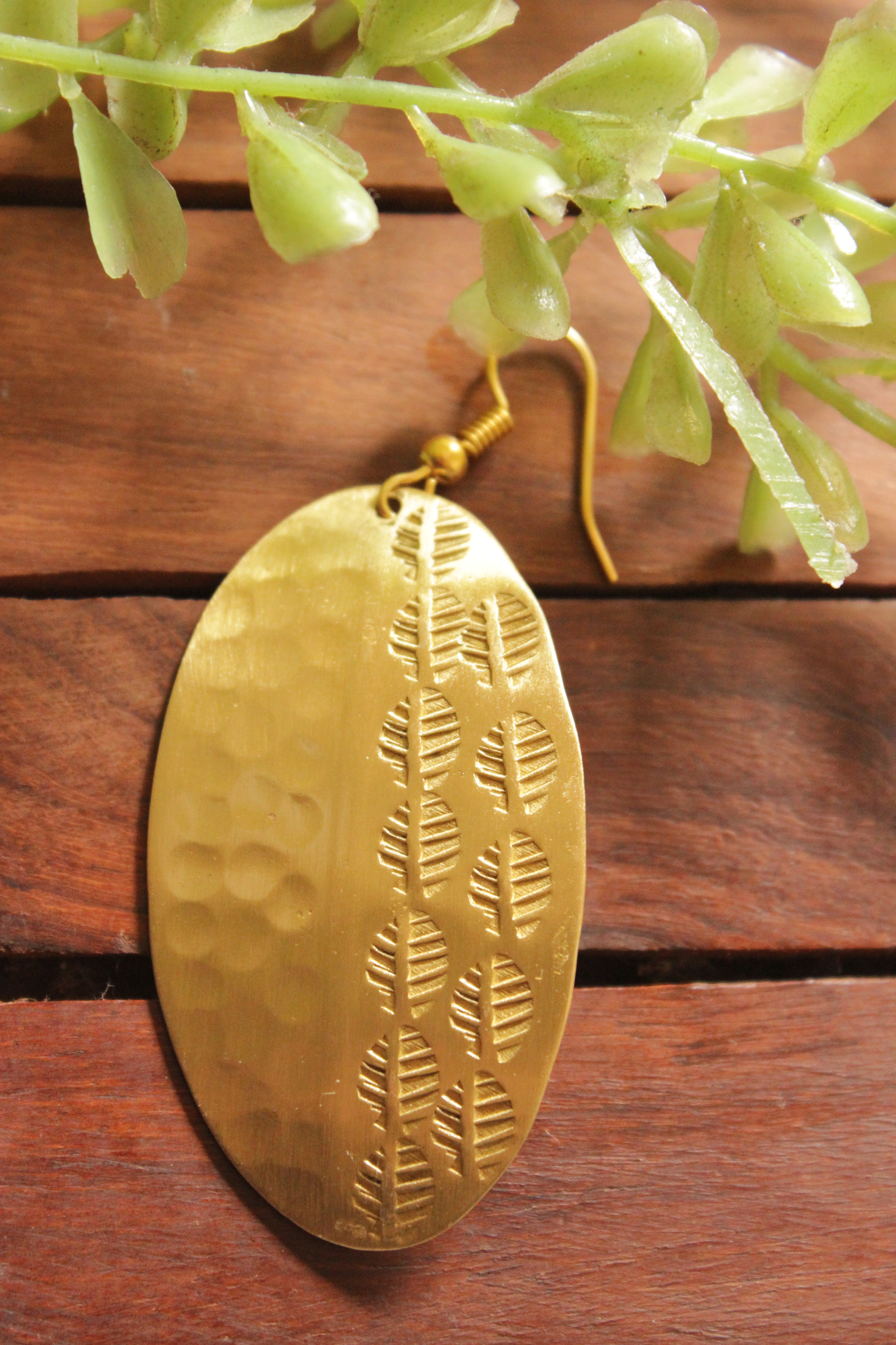 Oval Shape Leaf Motif Engraved Brass Dangler Earrings