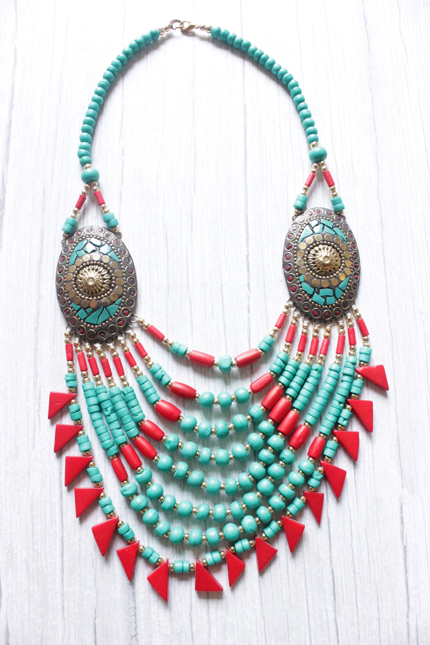 Turquoise and Red Beads Handcrafted Statement African Tribal Necklace