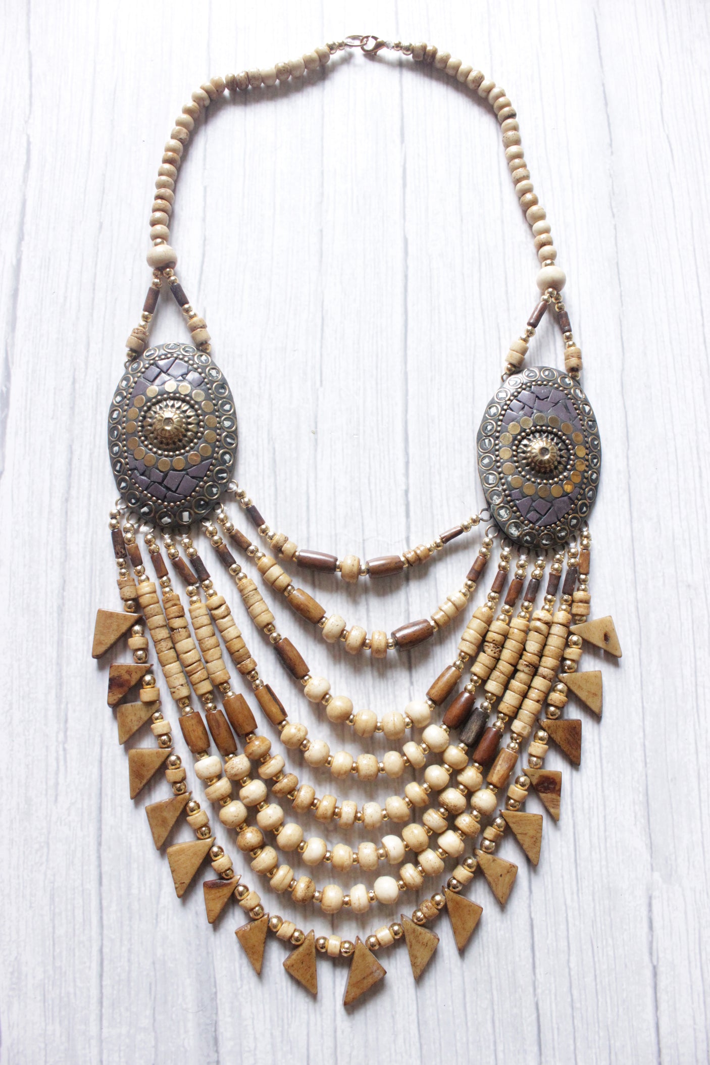 Beige & Brown Wooden Beads Handcrafted Statement African Tribal Necklace