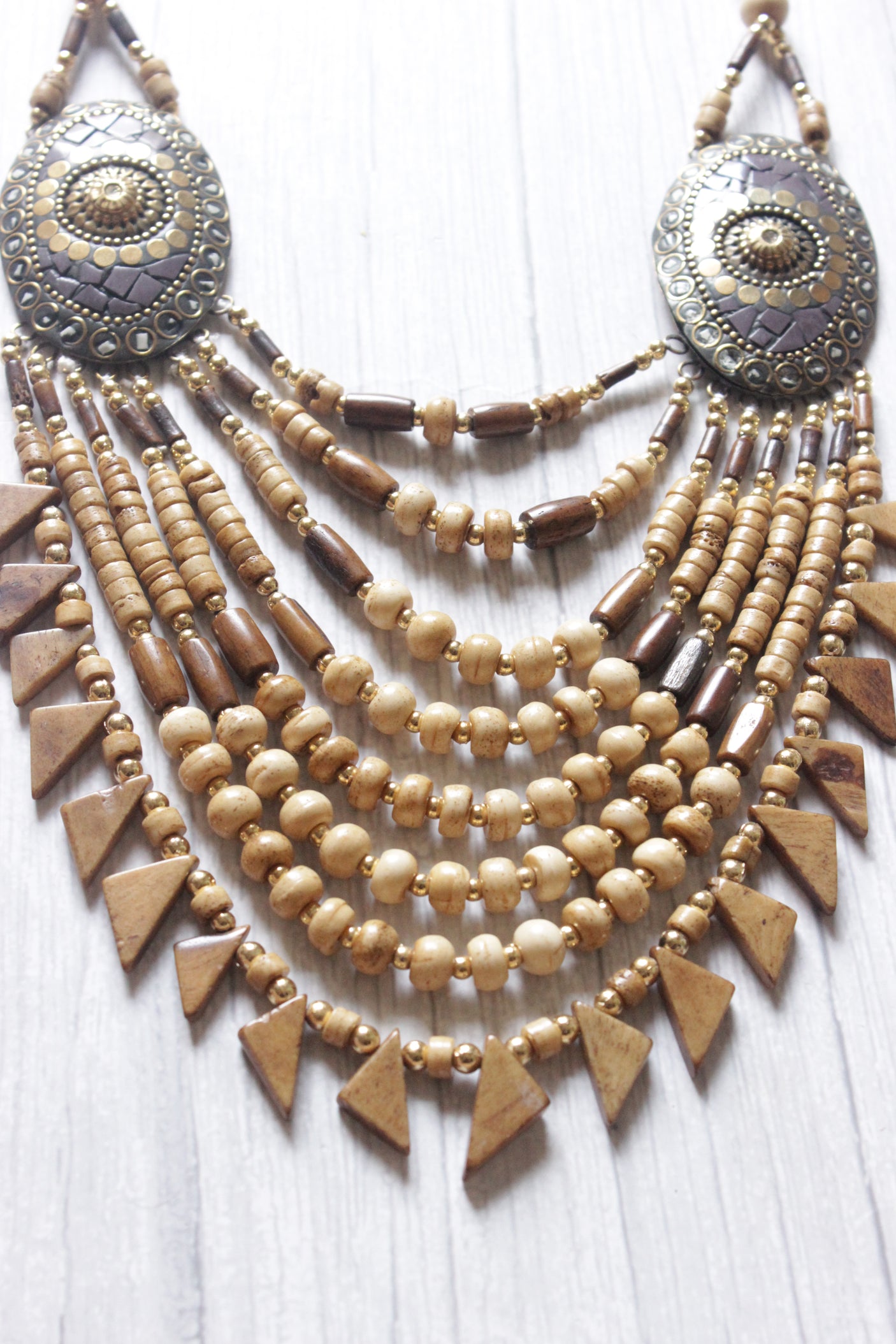 Beige & Brown Wooden Beads Handcrafted Statement African Tribal Necklace