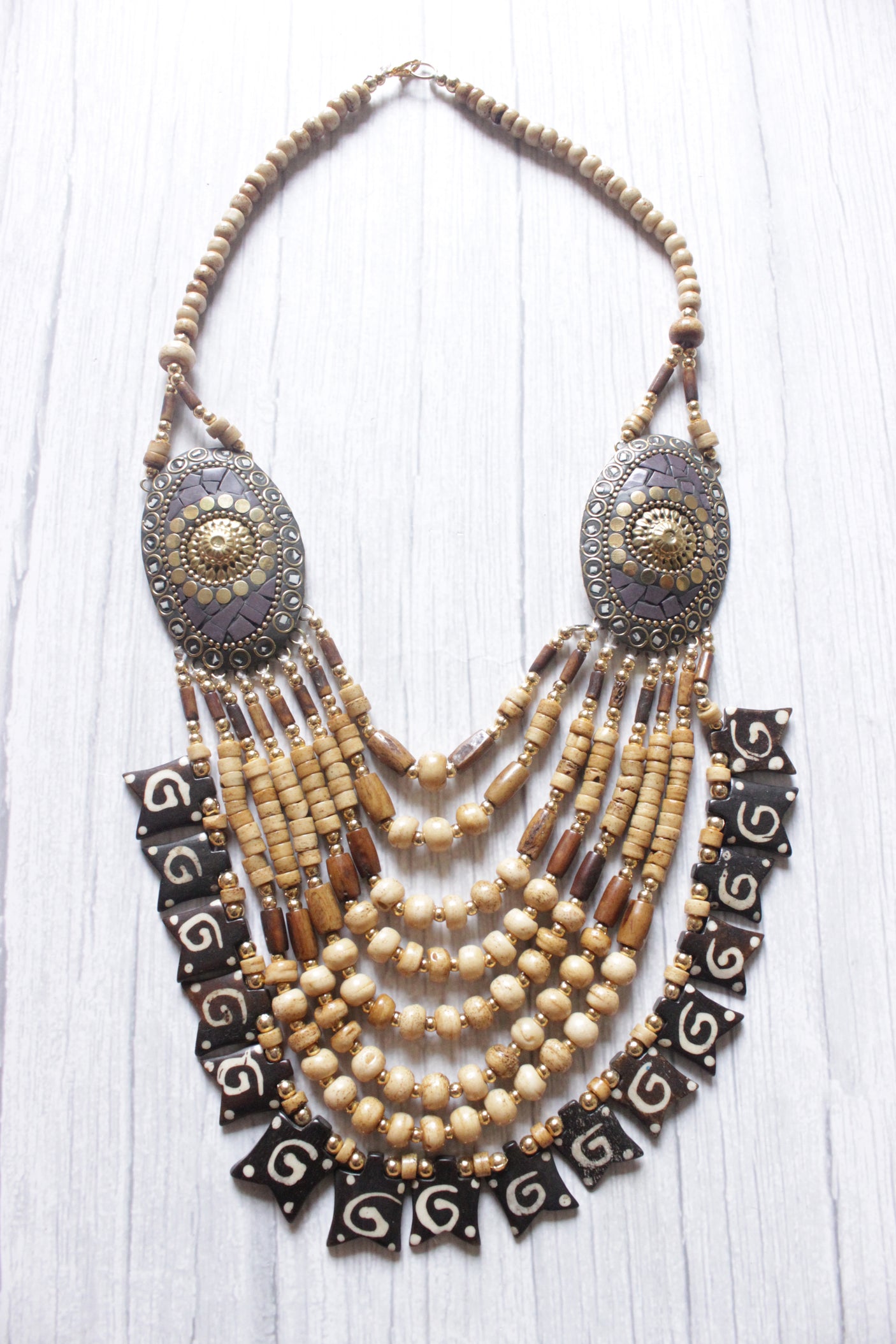 Beige & Brown Wooden Beads Tribal Motifs Handcrafted Statement African Tribal Necklace