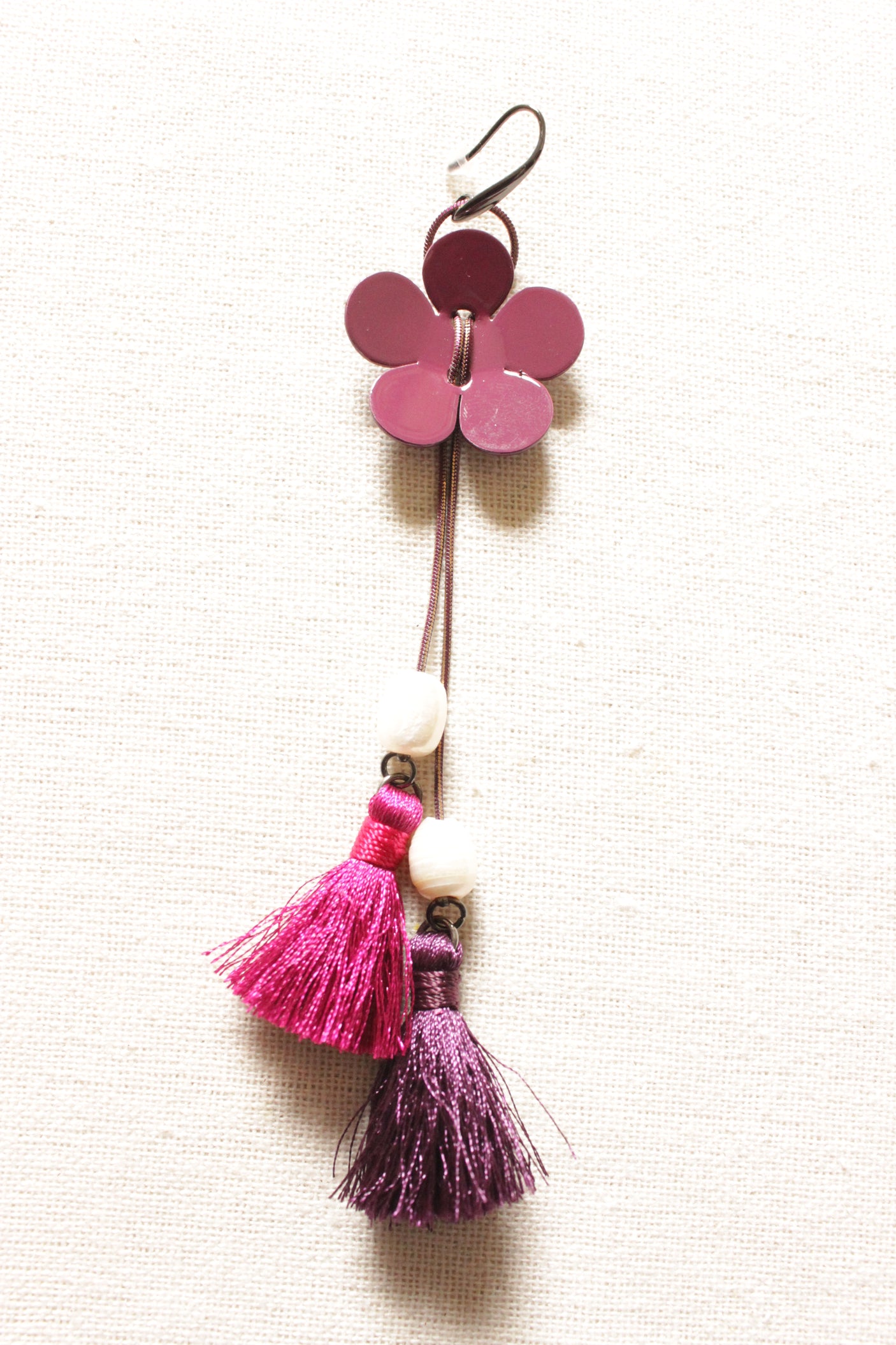 Purple Flower Shape Dangler Earrings with Pink and Purple Pom Pom Strings