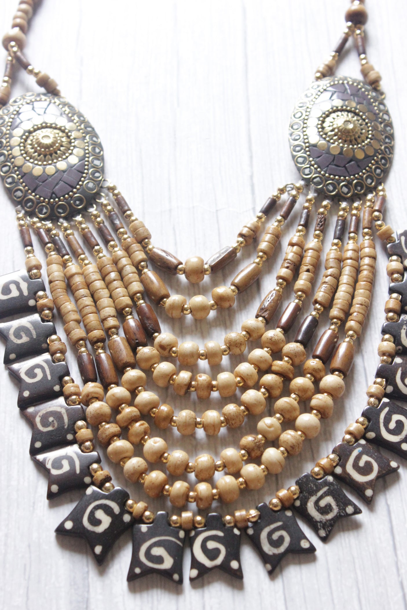 Beige & Brown Wooden Beads Tribal Motifs Handcrafted Statement African Tribal Necklace