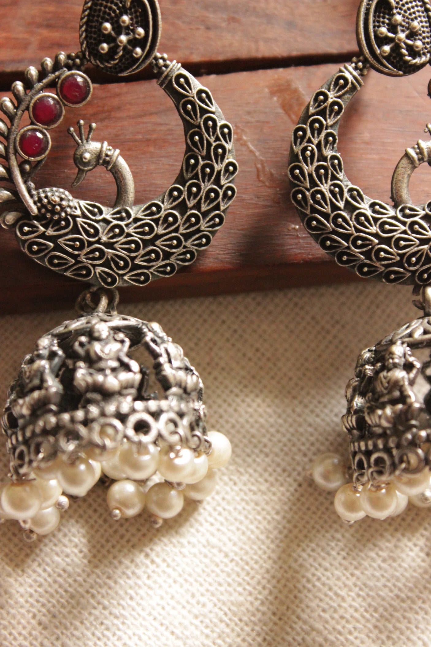 Peacock Shape Oxidised Finish Jhumka Earrings