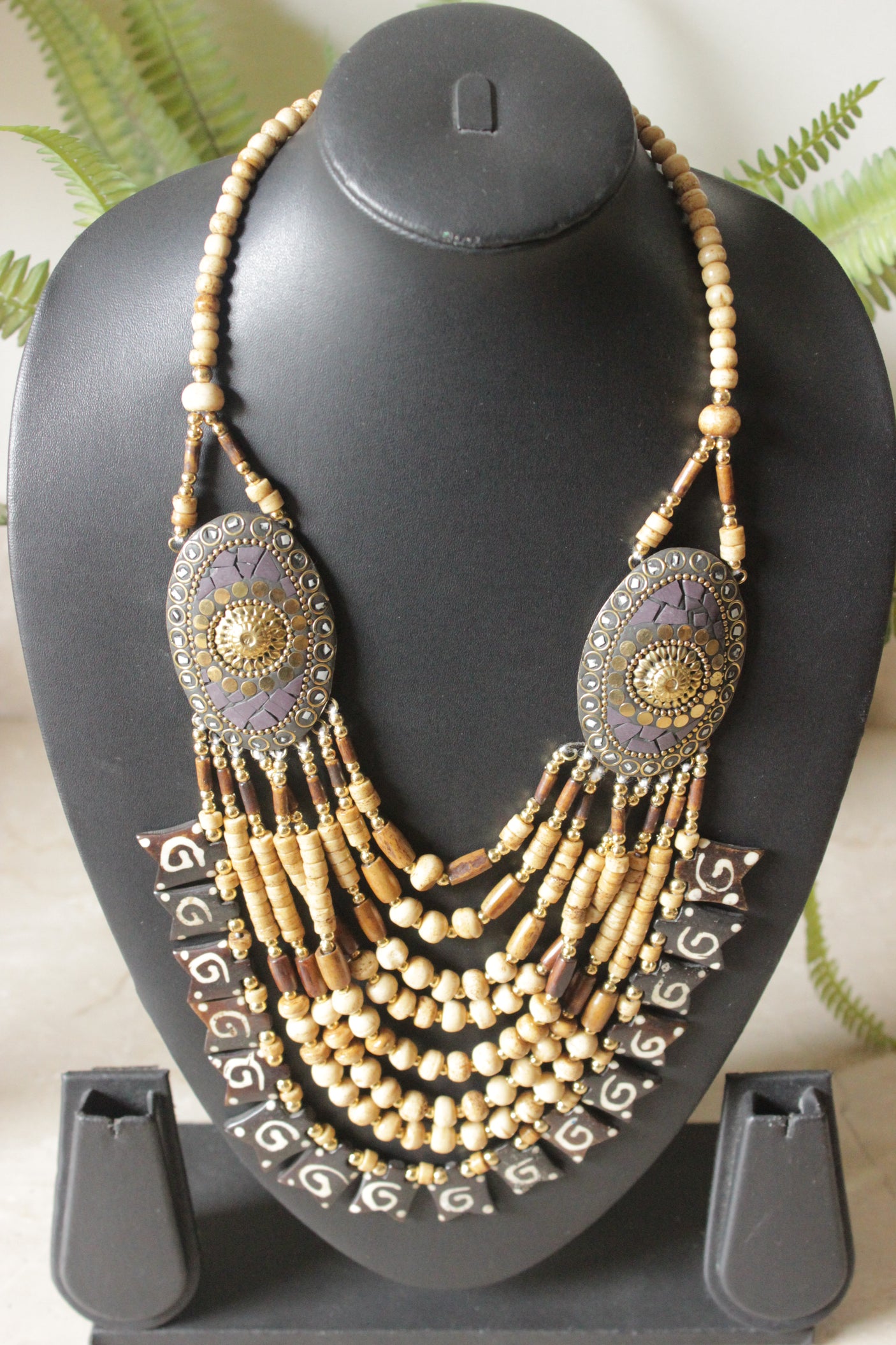 Beige & Brown Wooden Beads Tribal Motifs Handcrafted Statement African Tribal Necklace