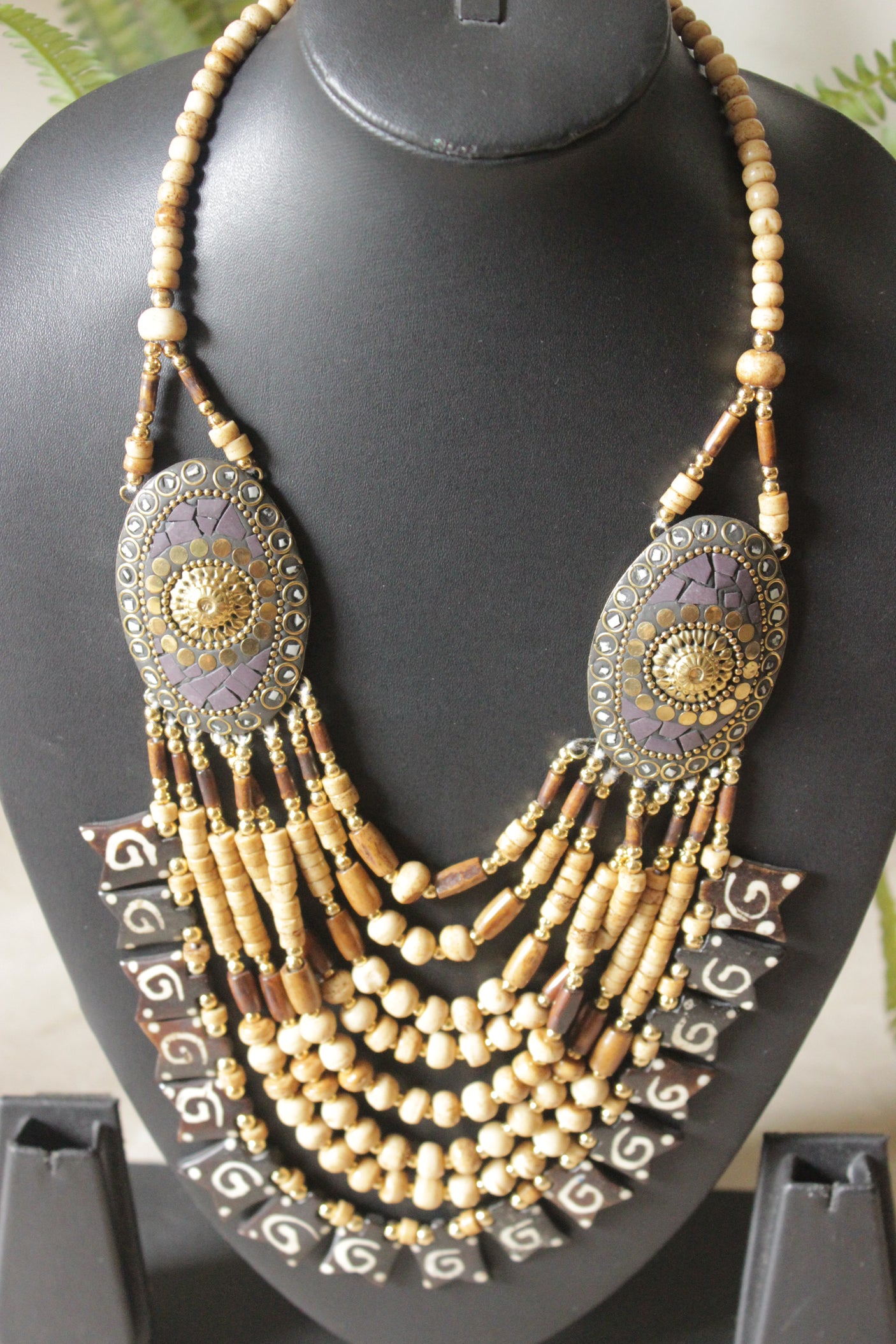 Beige & Brown Wooden Beads Tribal Motifs Handcrafted Statement African Tribal Necklace