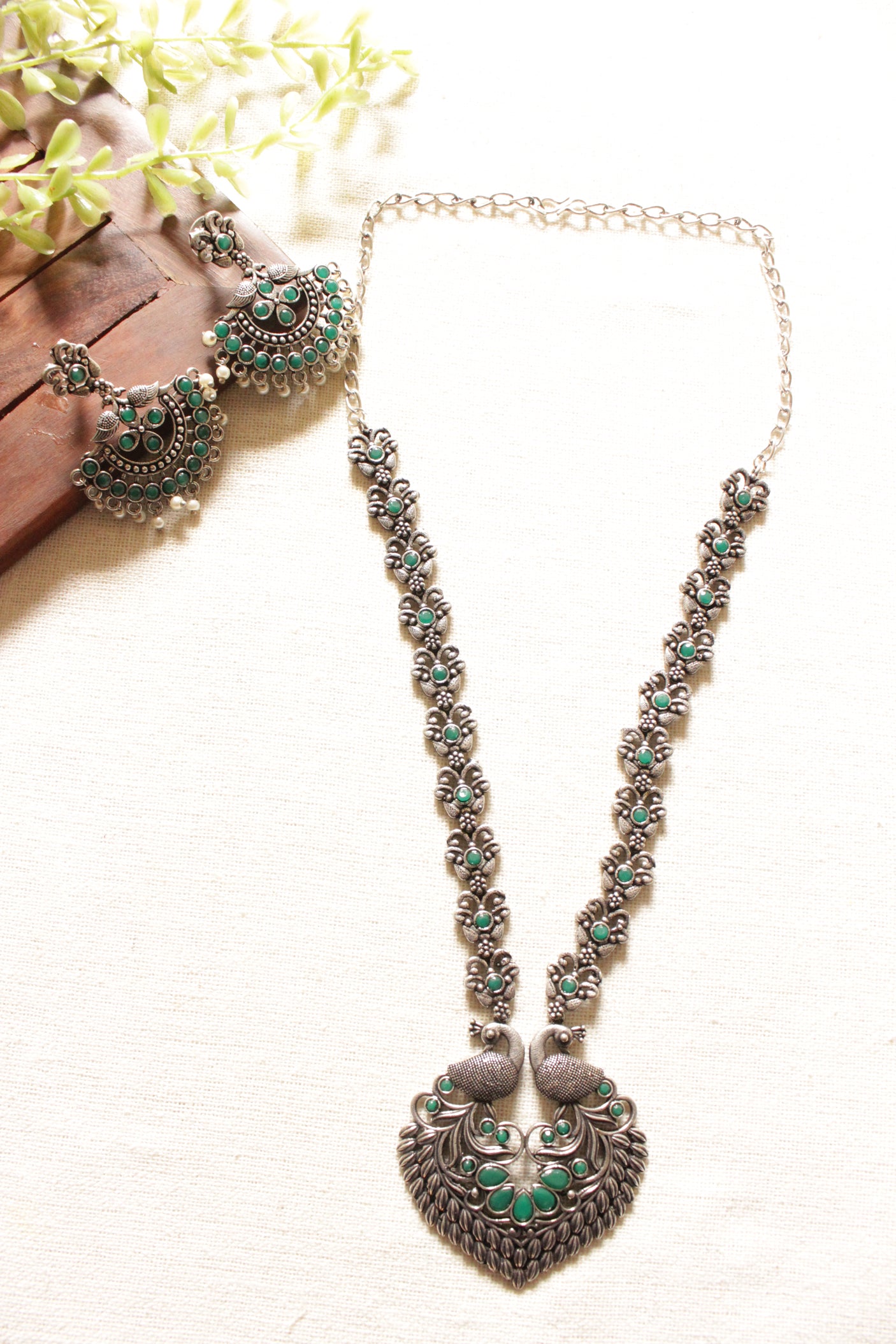Oxidised Finish Peacock Shape Green Stones Embedded Necklace