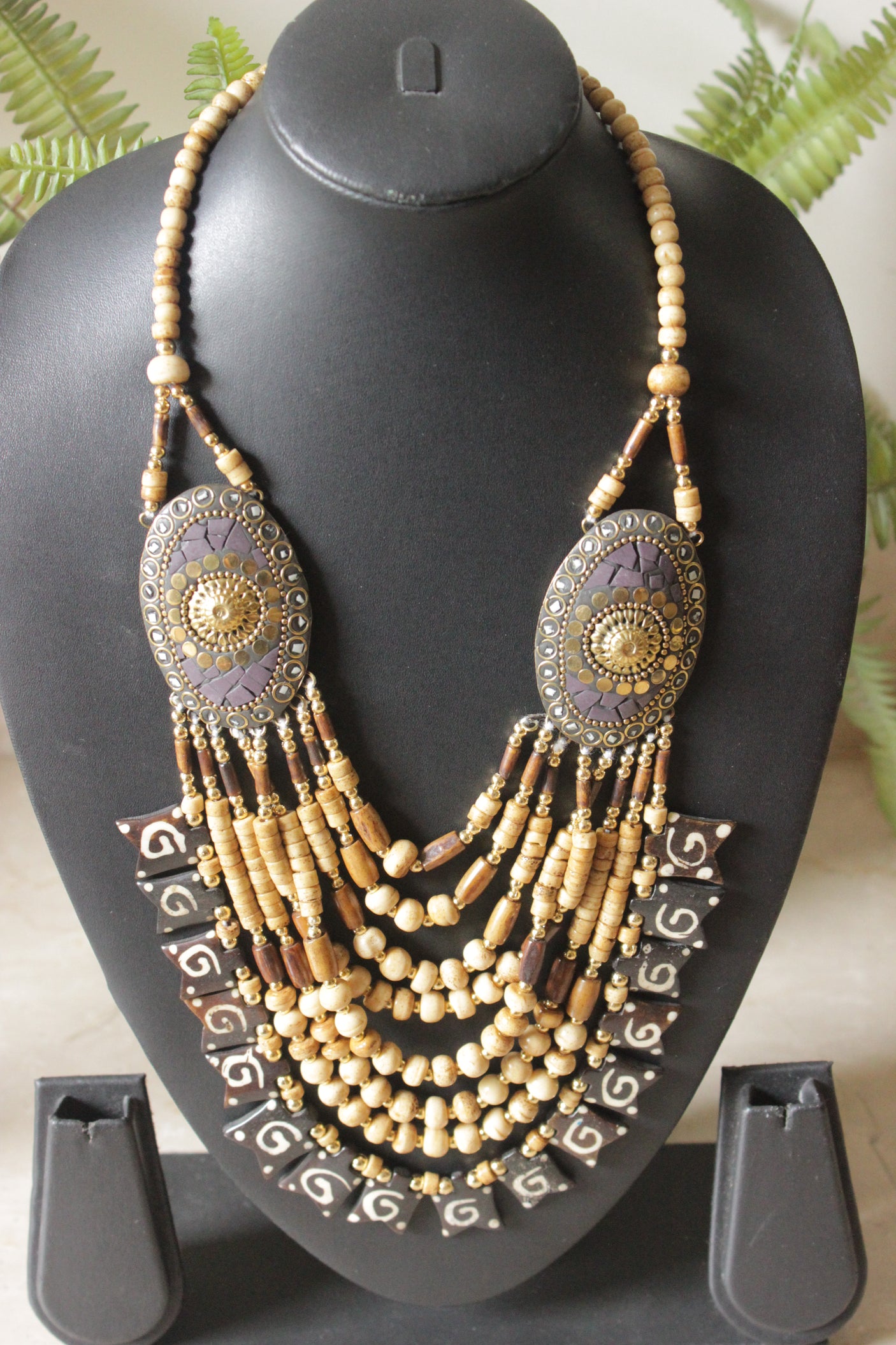 Beige & Brown Wooden Beads Tribal Motifs Handcrafted Statement African Tribal Necklace