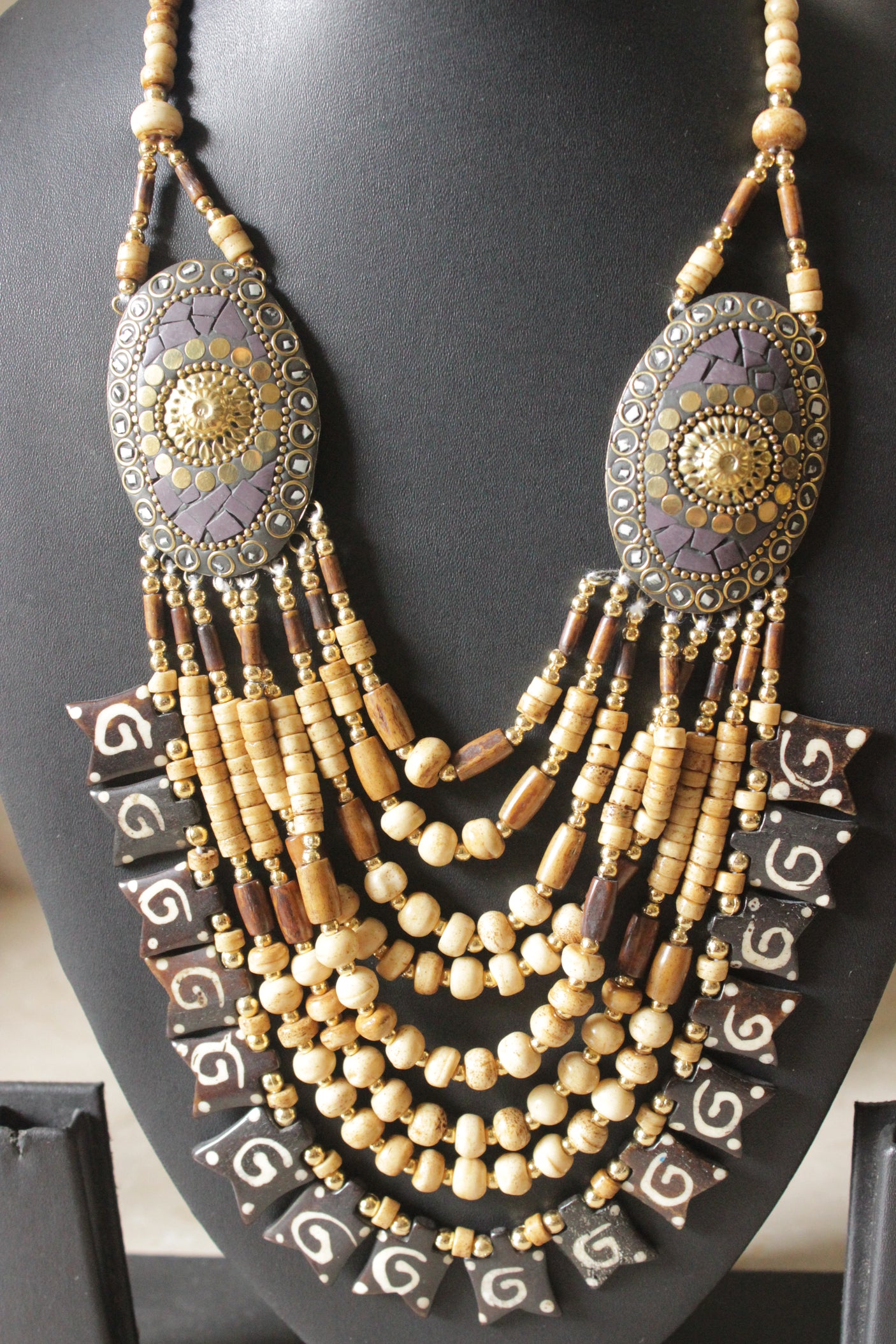 Beige & Brown Wooden Beads Tribal Motifs Handcrafted Statement African Tribal Necklace