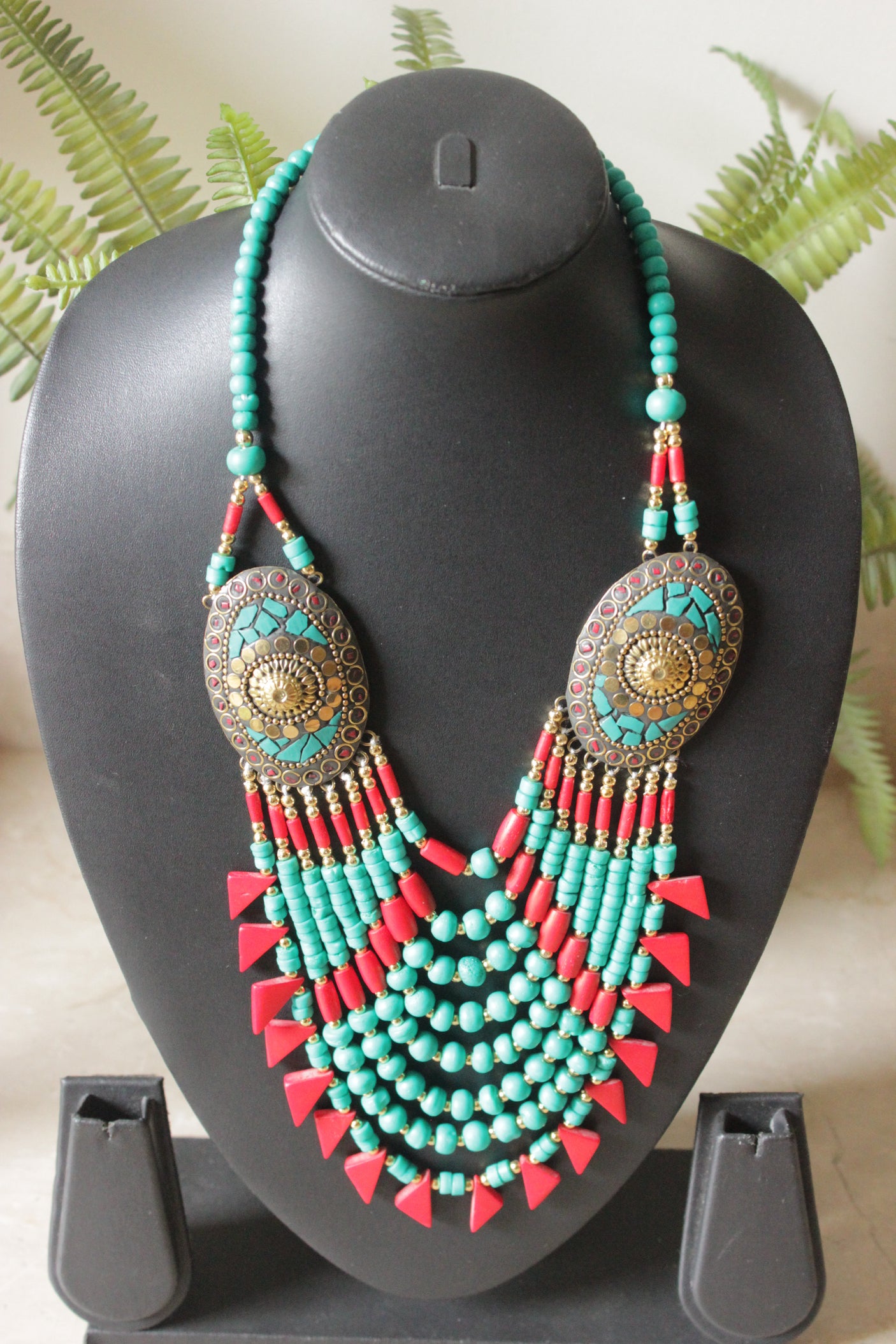 Turquoise and Red Beads Handcrafted Statement African Tribal Necklace