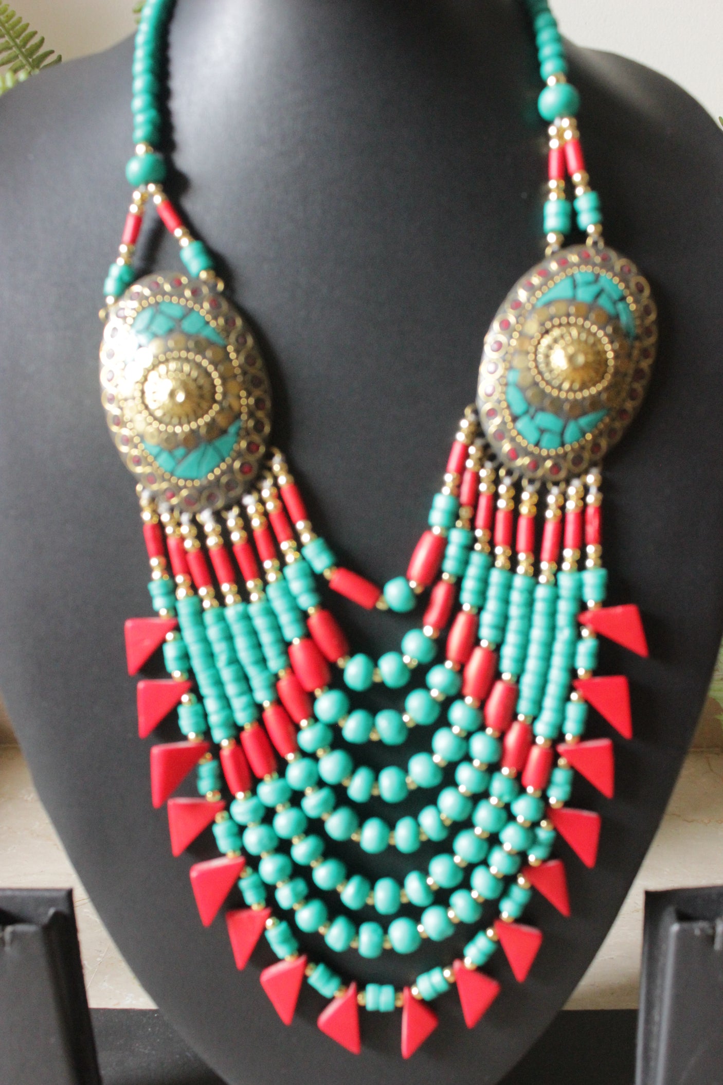 Turquoise and Red Beads Handcrafted Statement African Tribal Necklace
