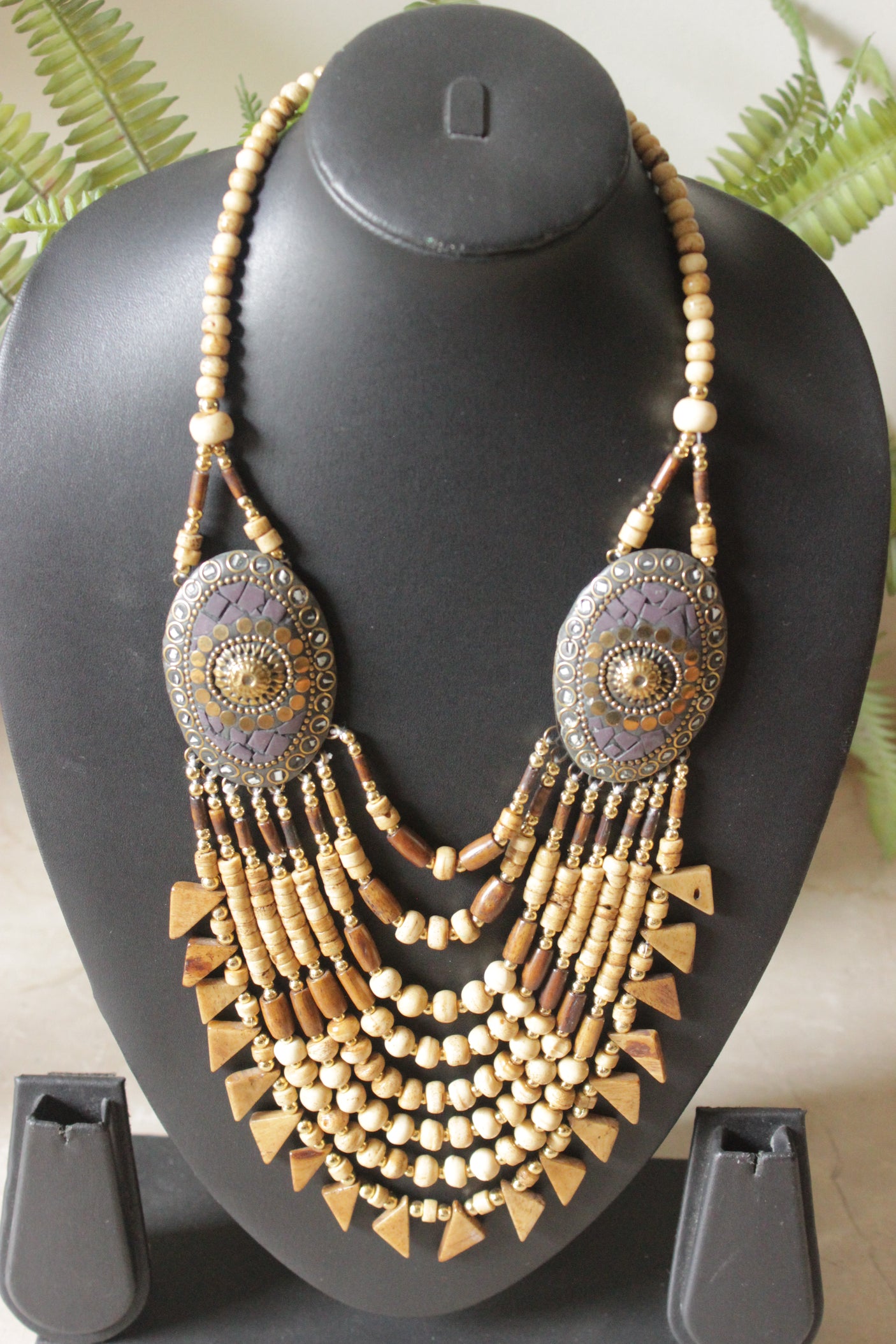 Beige & Brown Wooden Beads Handcrafted Statement African Tribal Necklace