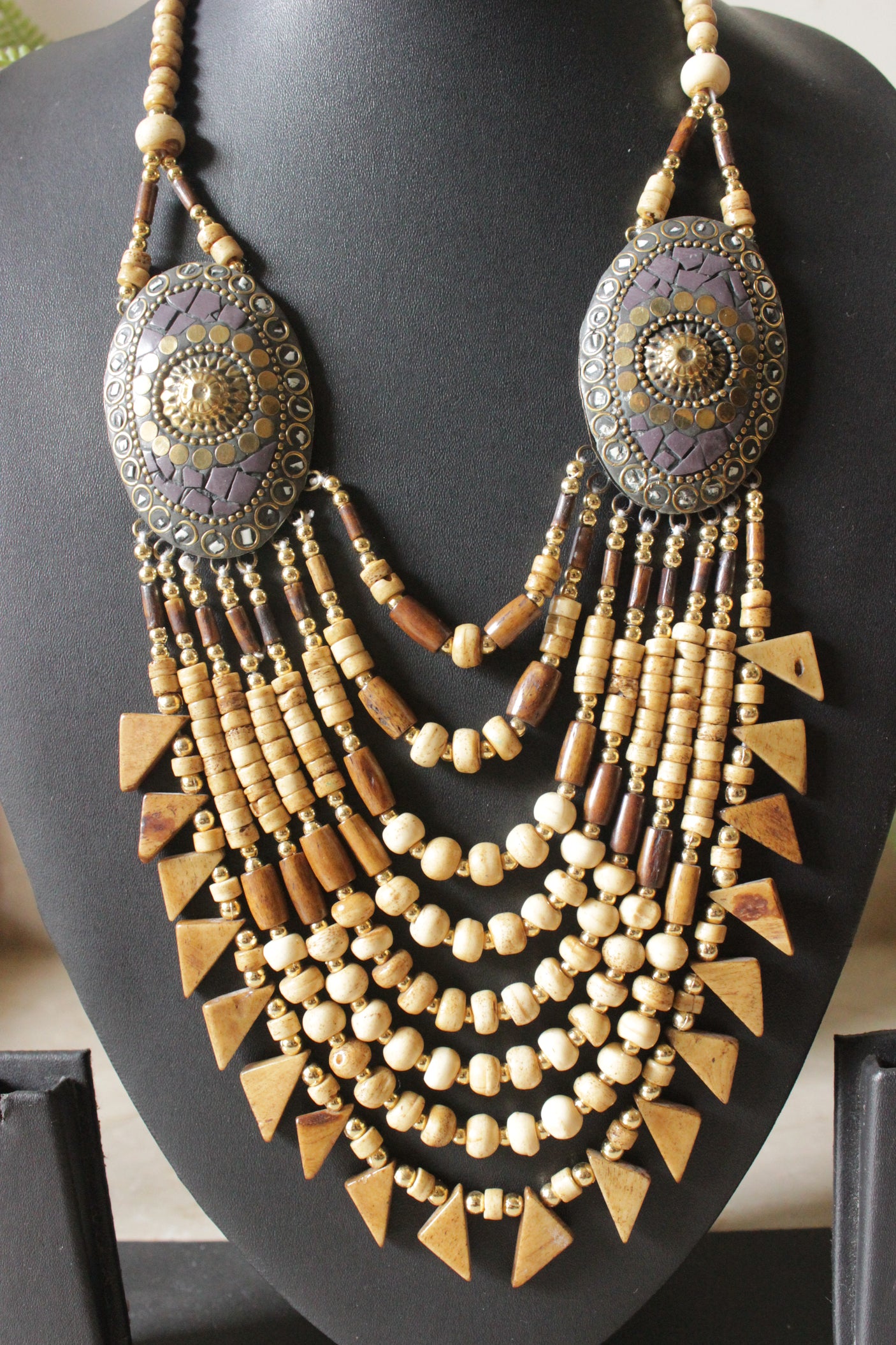 Beige & Brown Wooden Beads Handcrafted Statement African Tribal Necklace