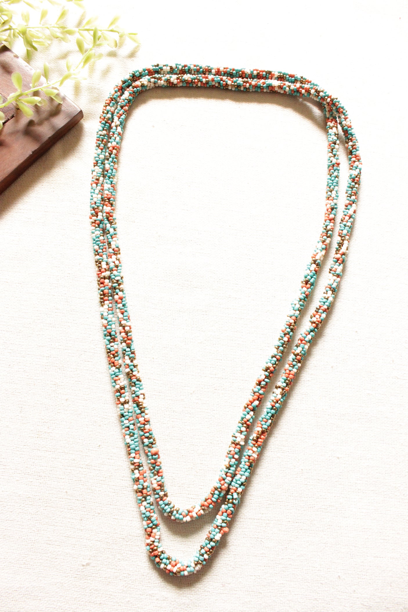 Blue, Orange and White Beaded Handmade 2 Layer Necklace