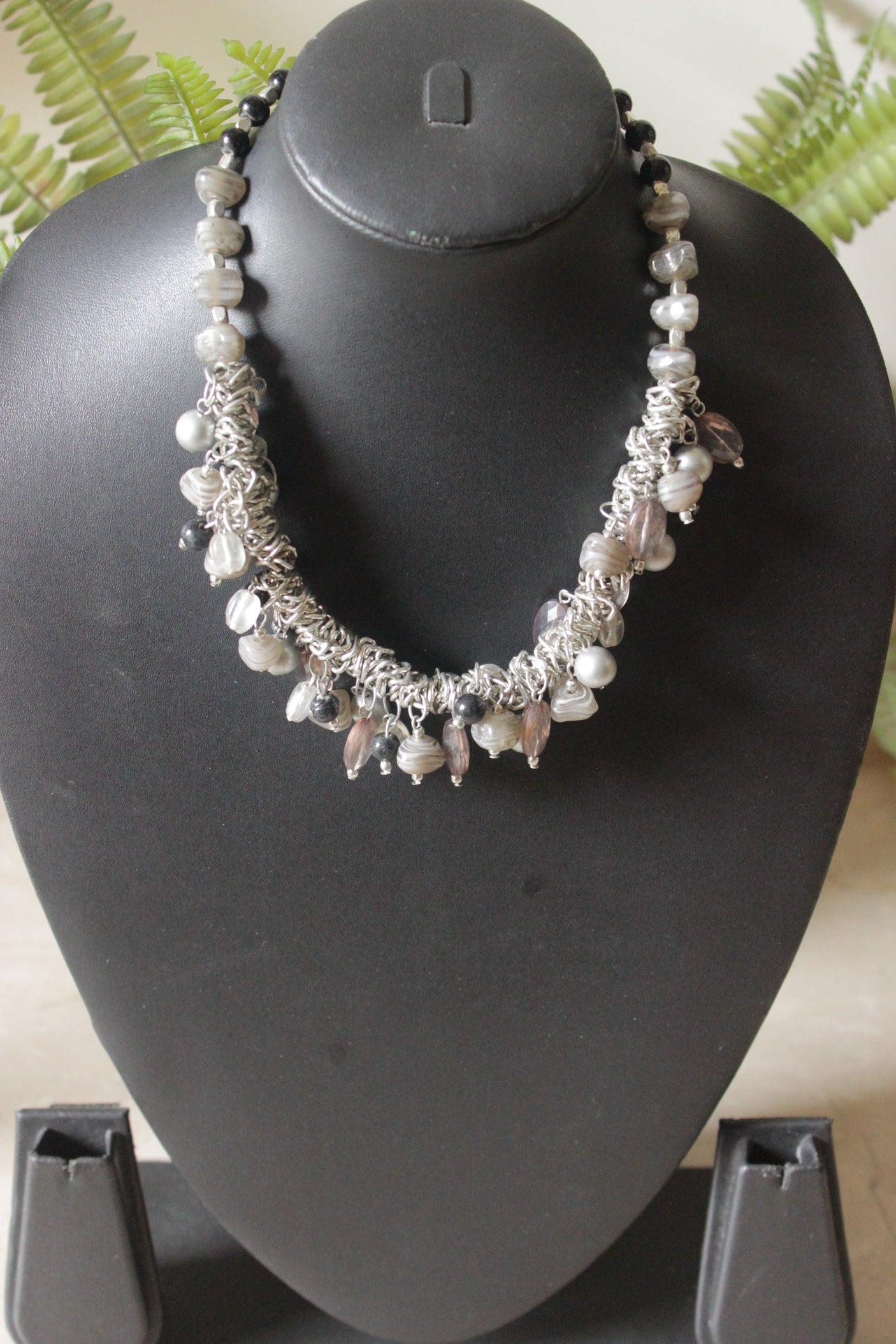 Raw Natural Stones Charms Silver Finish Boho Choker Necklace