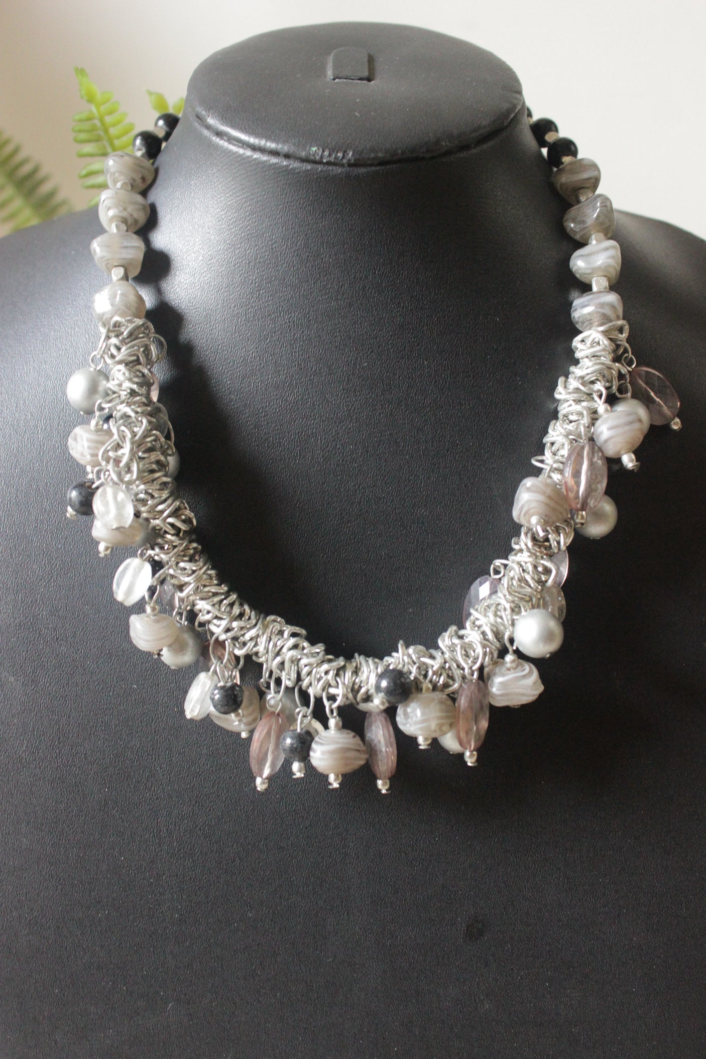 Raw Natural Stones Charms Silver Finish Boho Choker Necklace