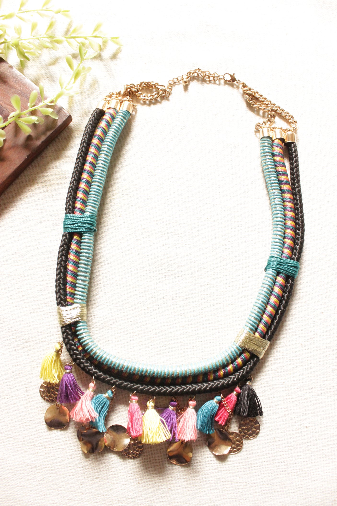 Fabric Threads Hand Braided Pom Pom Embellished Handcrafted Necklace