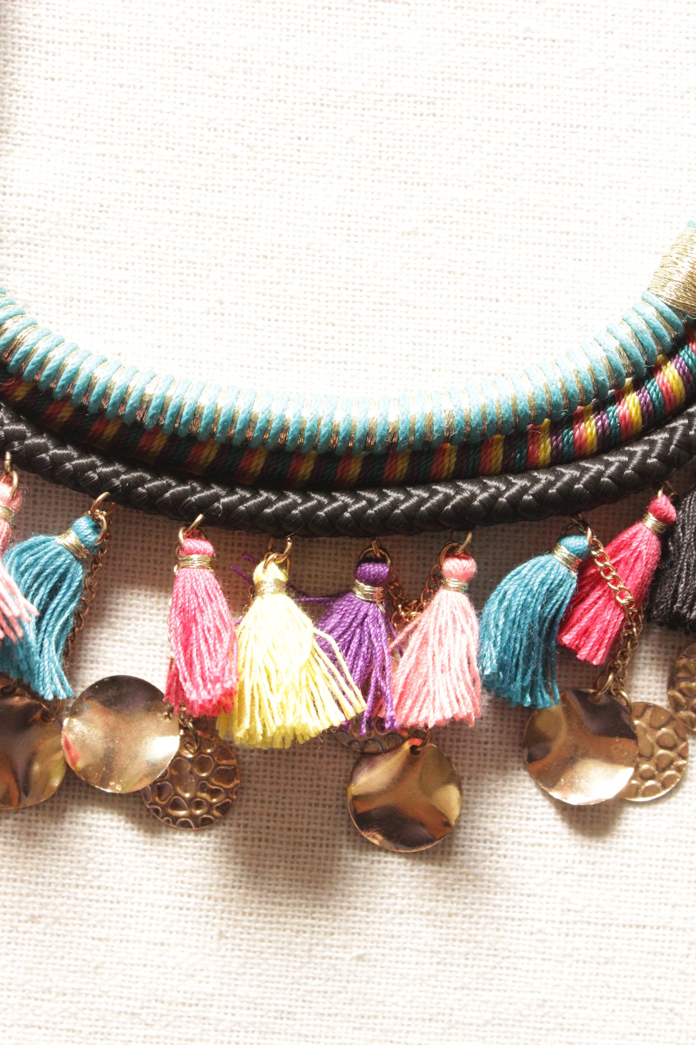 Fabric Threads Hand Braided Pom Pom Embellished Handcrafted Necklace