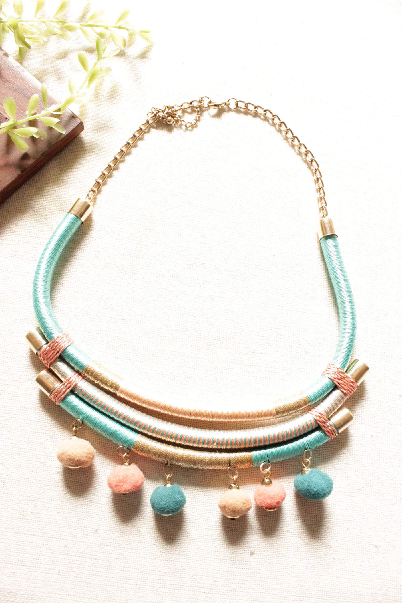 Blue, Pink and Golden Threads Hand Braided Pom Pom Embellished Handcrafted Necklace