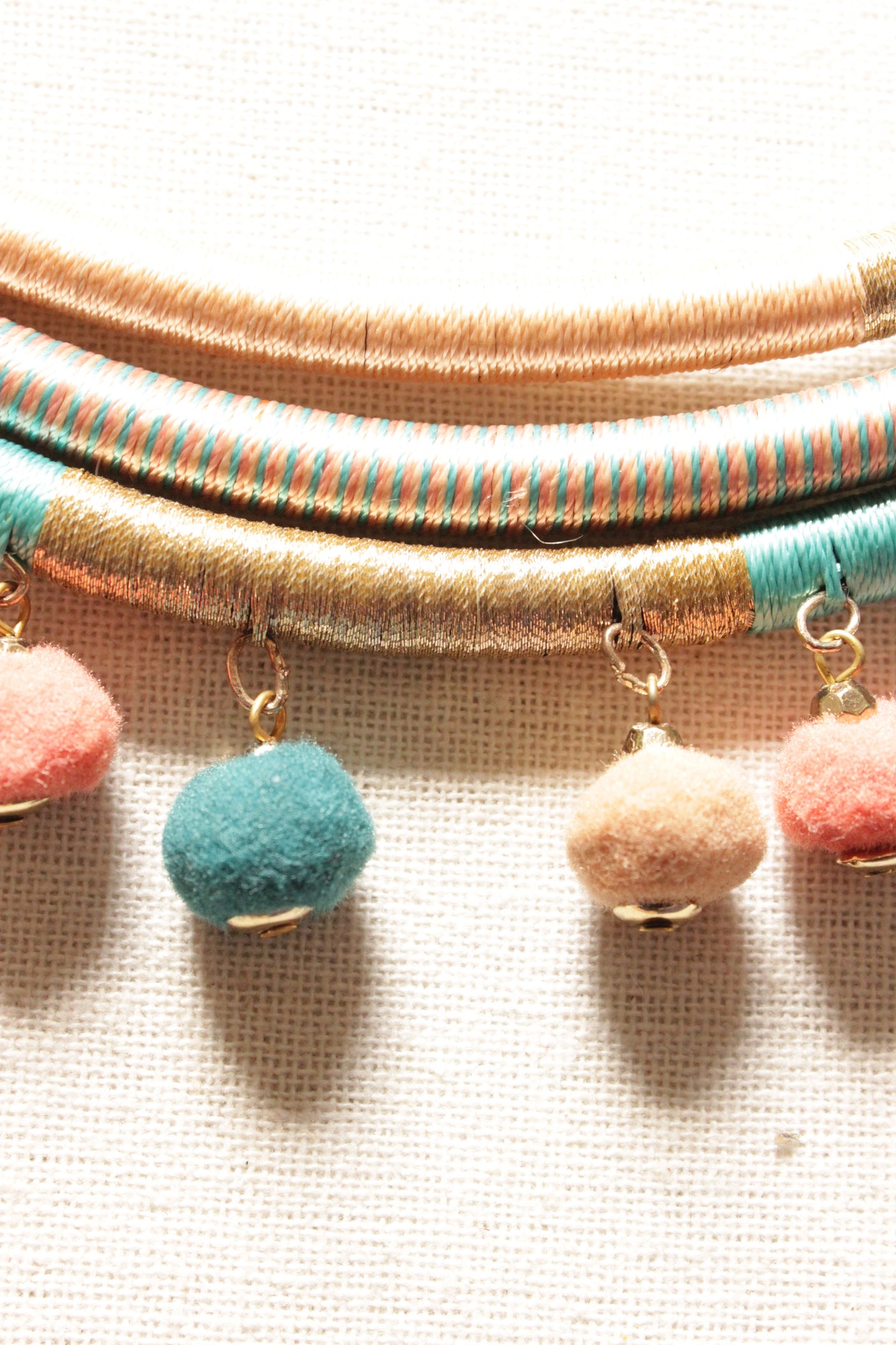 Blue, Pink and Golden Threads Hand Braided Pom Pom Embellished Handcrafted Necklace
