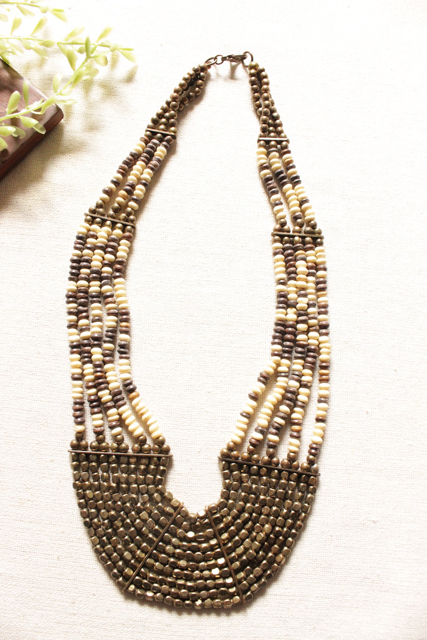 Golden and Ivory Metal Beads Multi-Layer Hand Braided Necklace