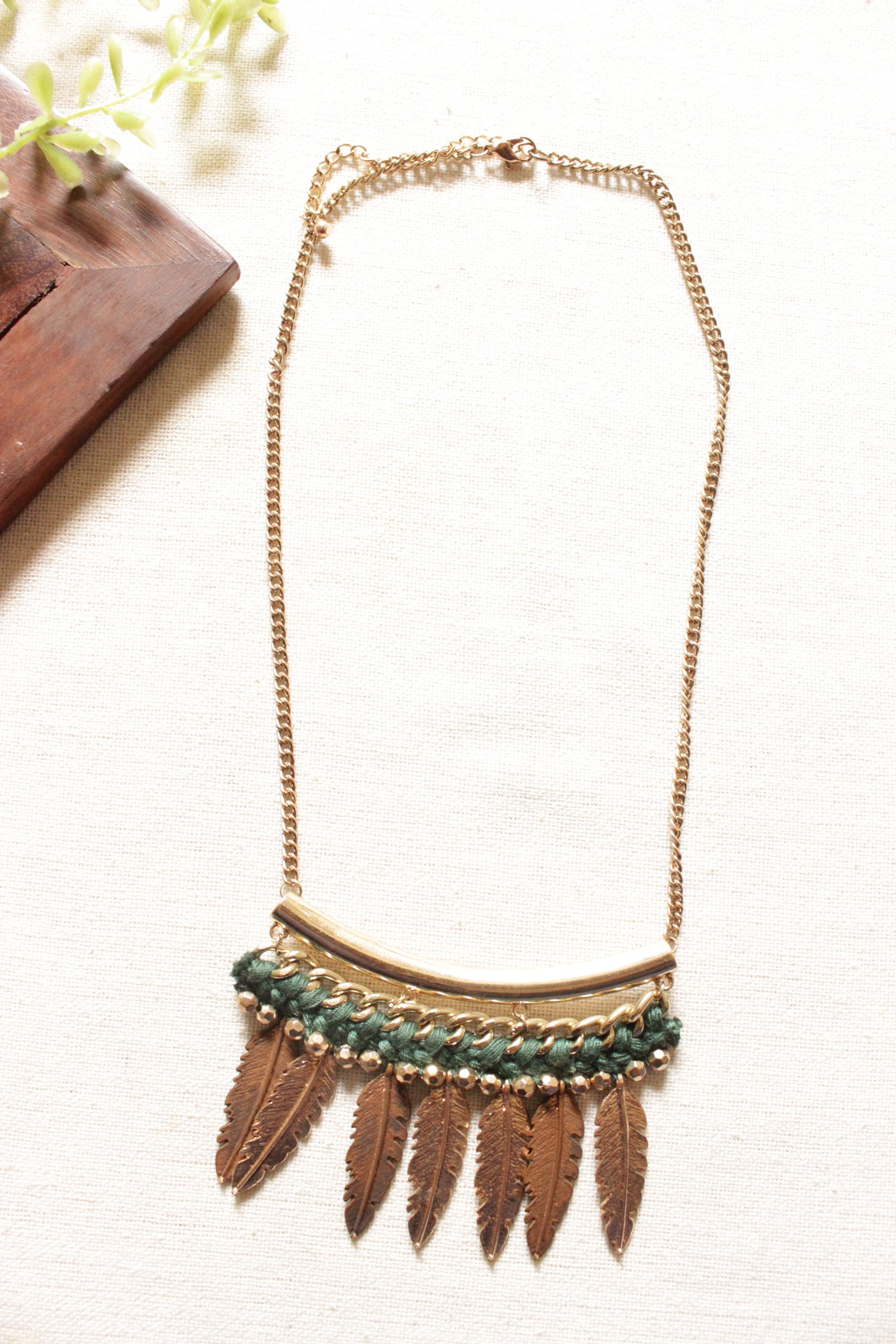 Gold and Bronze Toned Leaf Metal Charms Long Chain Necklace