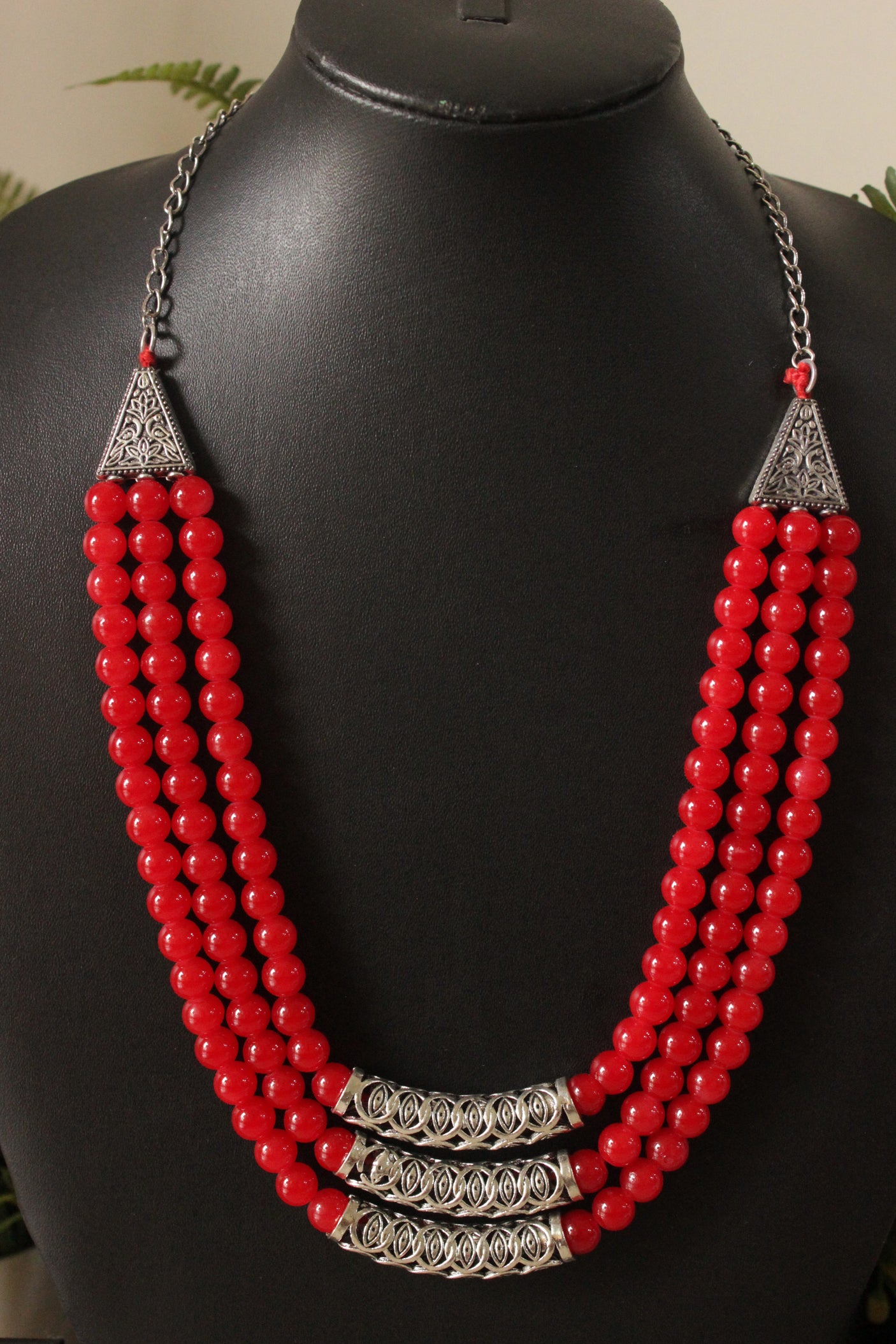 3 Layer Red Glass Beads Necklace Set with Metal Detailing