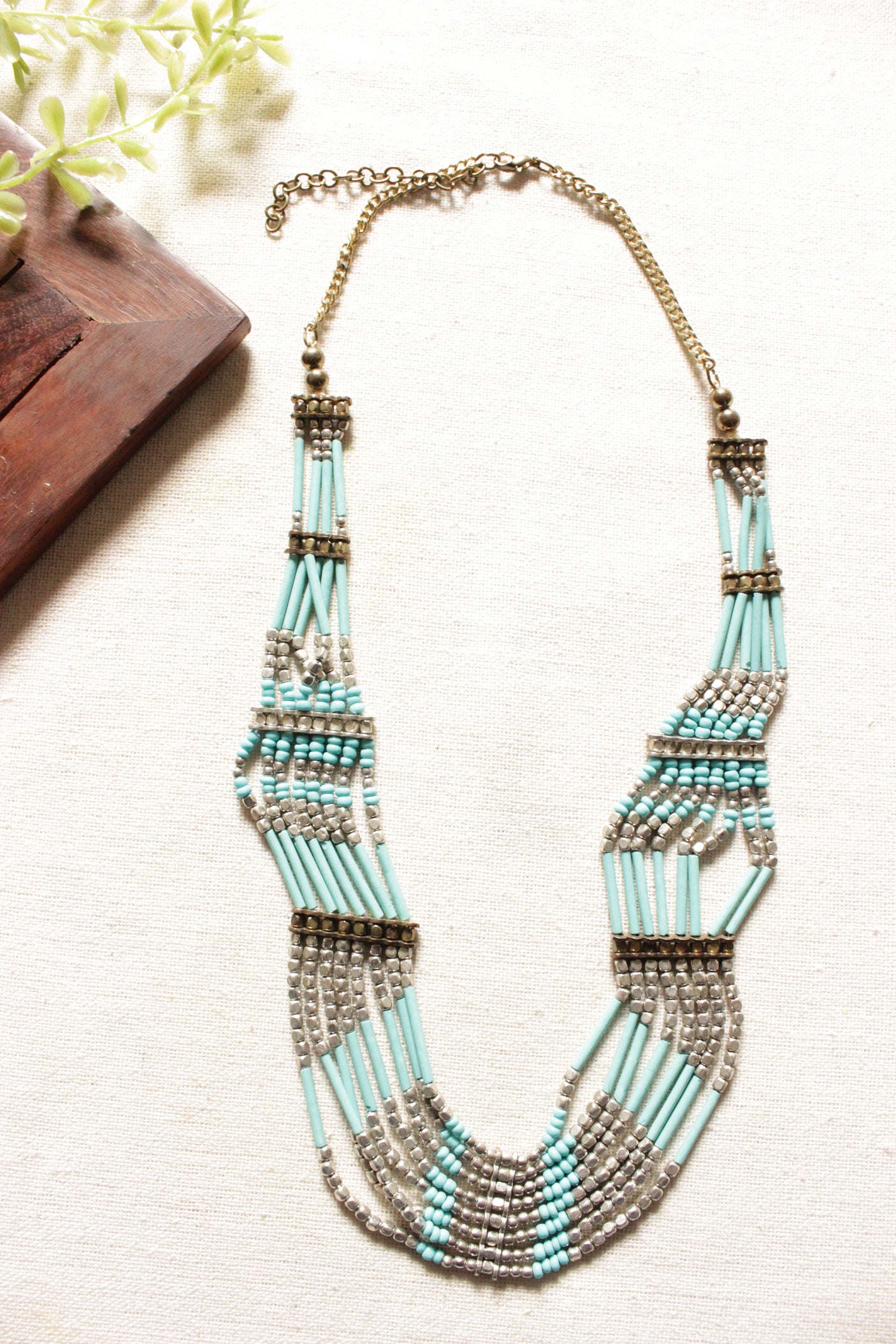 Blue Acrylic Beads and Grey Metal Beads Multi-Layer Handmade Necklace