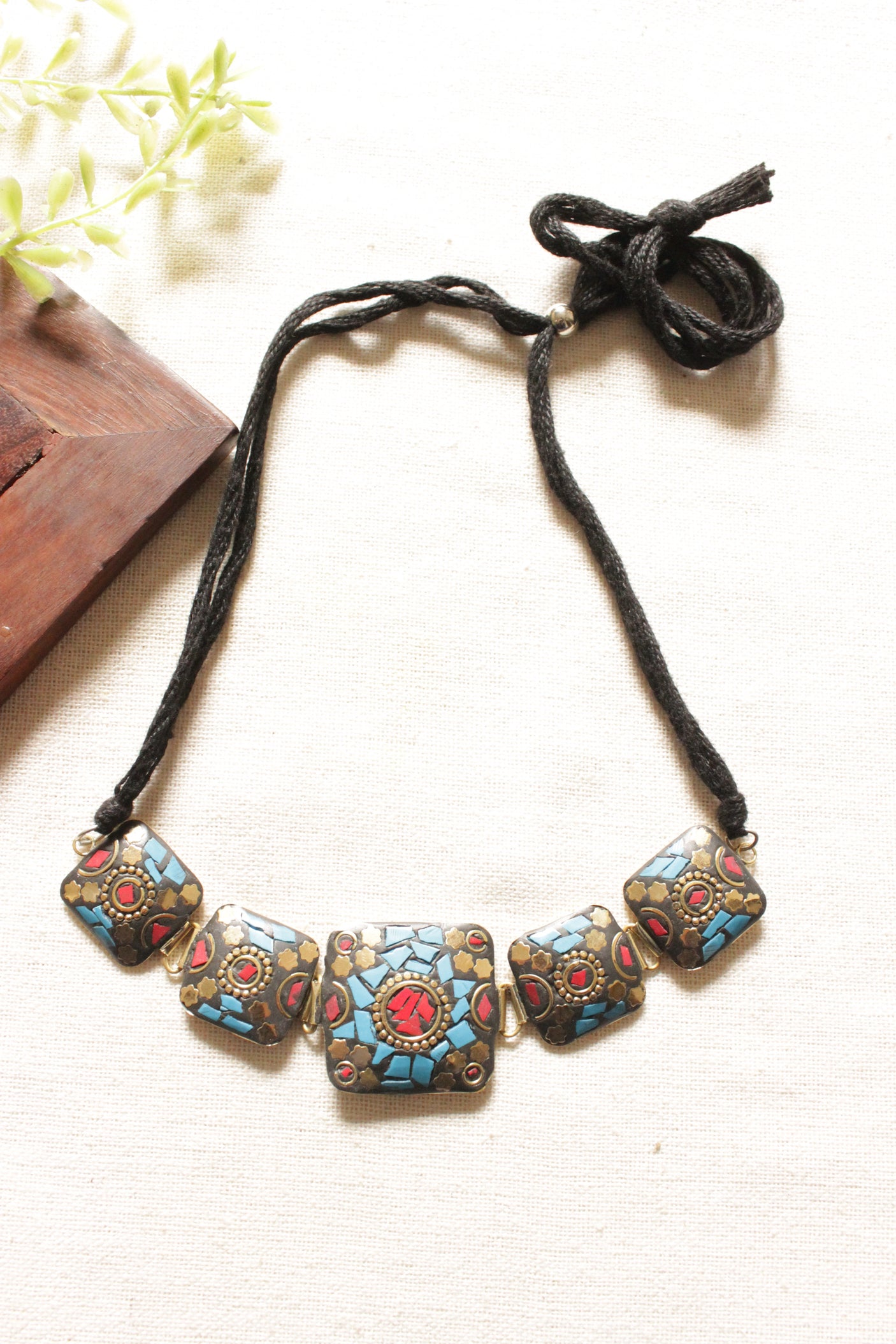 Black with Blue and Gold Toned Adjustable Length Tibetan Choker Necklace