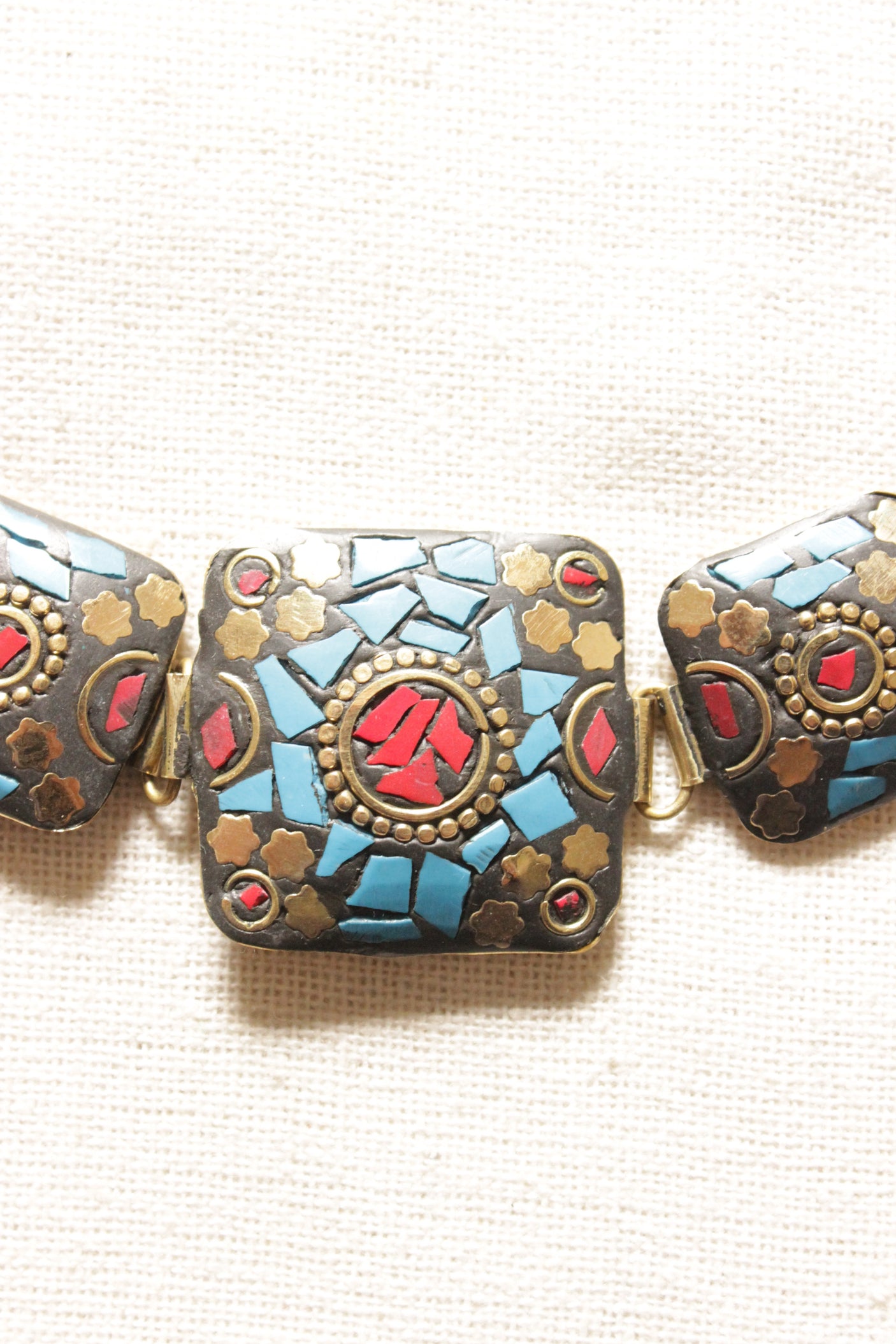 Black with Blue and Gold Toned Adjustable Length Tibetan Choker Necklace