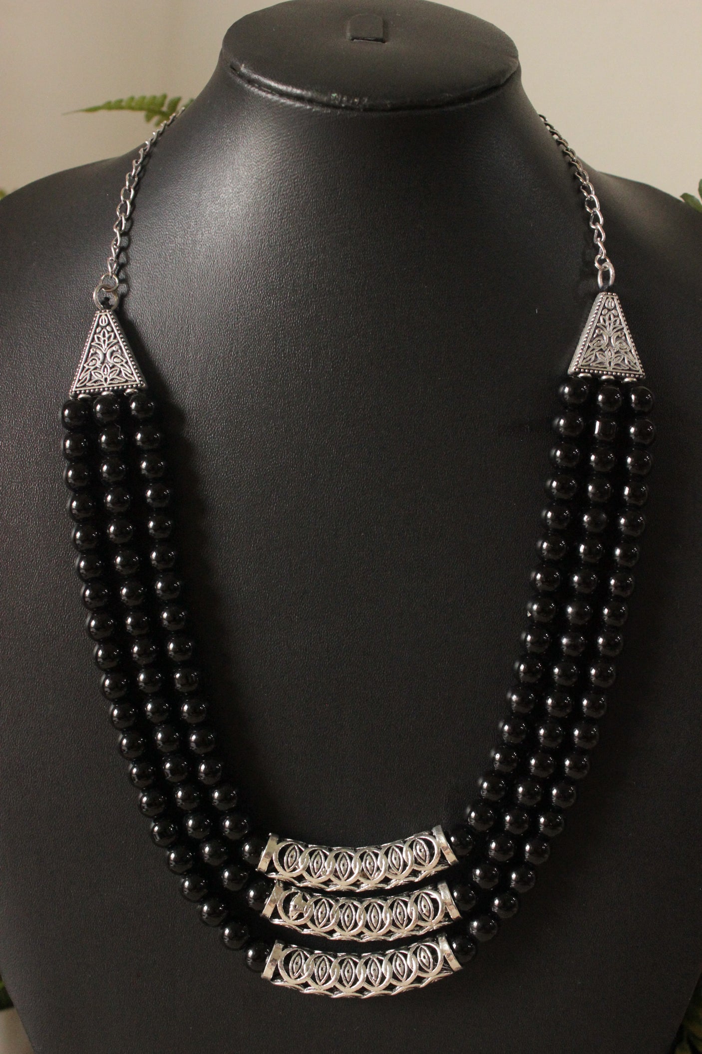 3 Layer Black Glass Beads Necklace Set with Metal Detailing