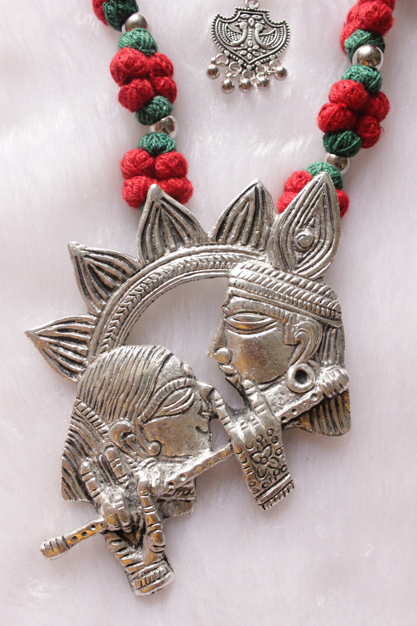 Statement Radha Krishna Motif Braided with Red and Green Glass Beads Necklace Set