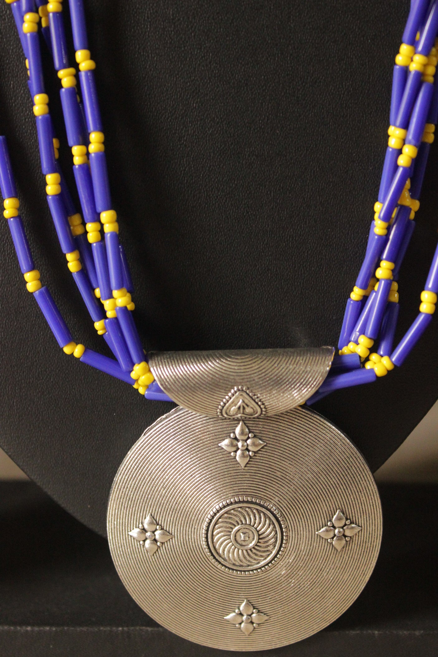 Multi-Layer Violet and Yellow Beads Hand Braided Necklace Set with Metal Pendant