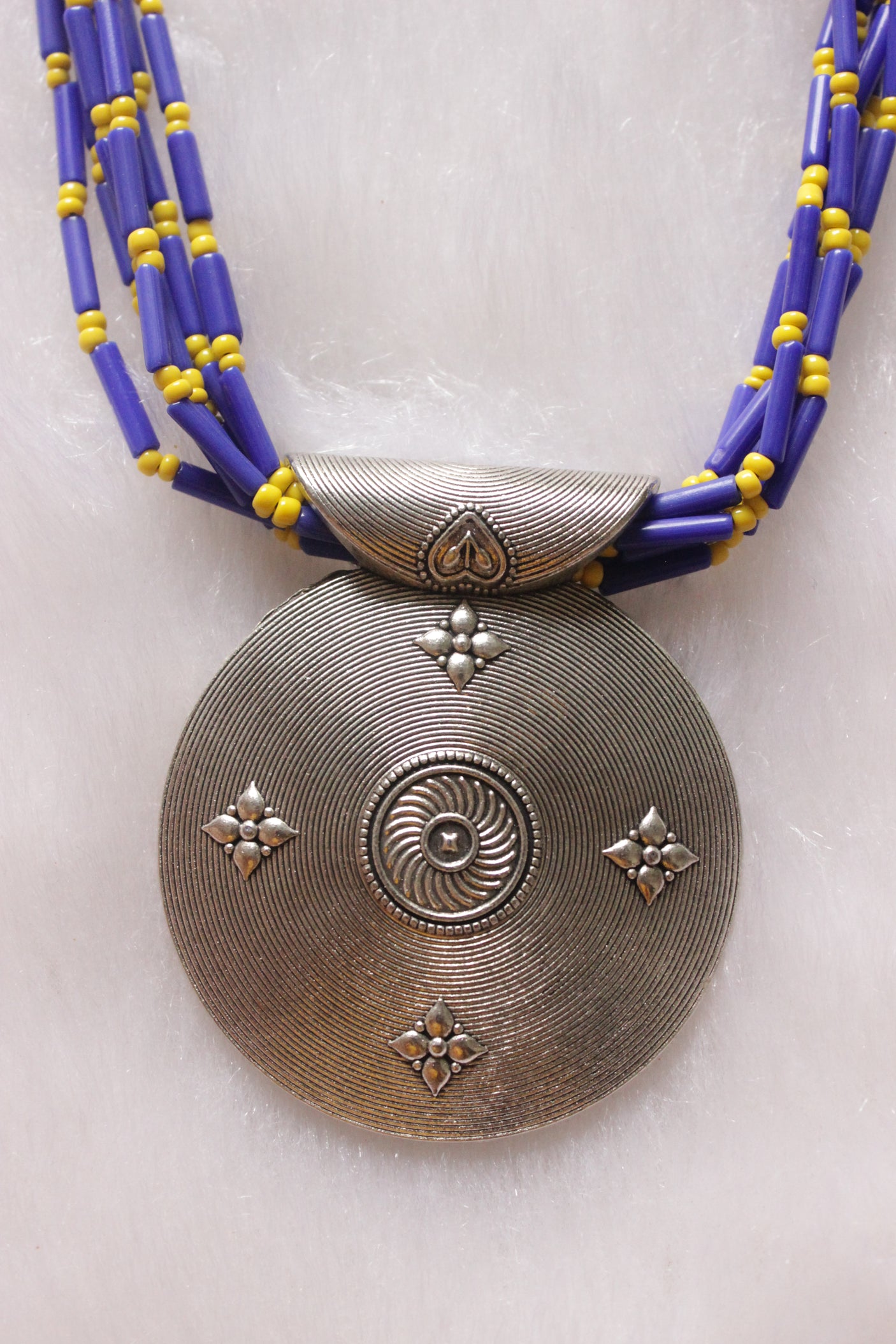 Multi-Layer Violet and Yellow Beads Hand Braided Necklace Set with Metal Pendant