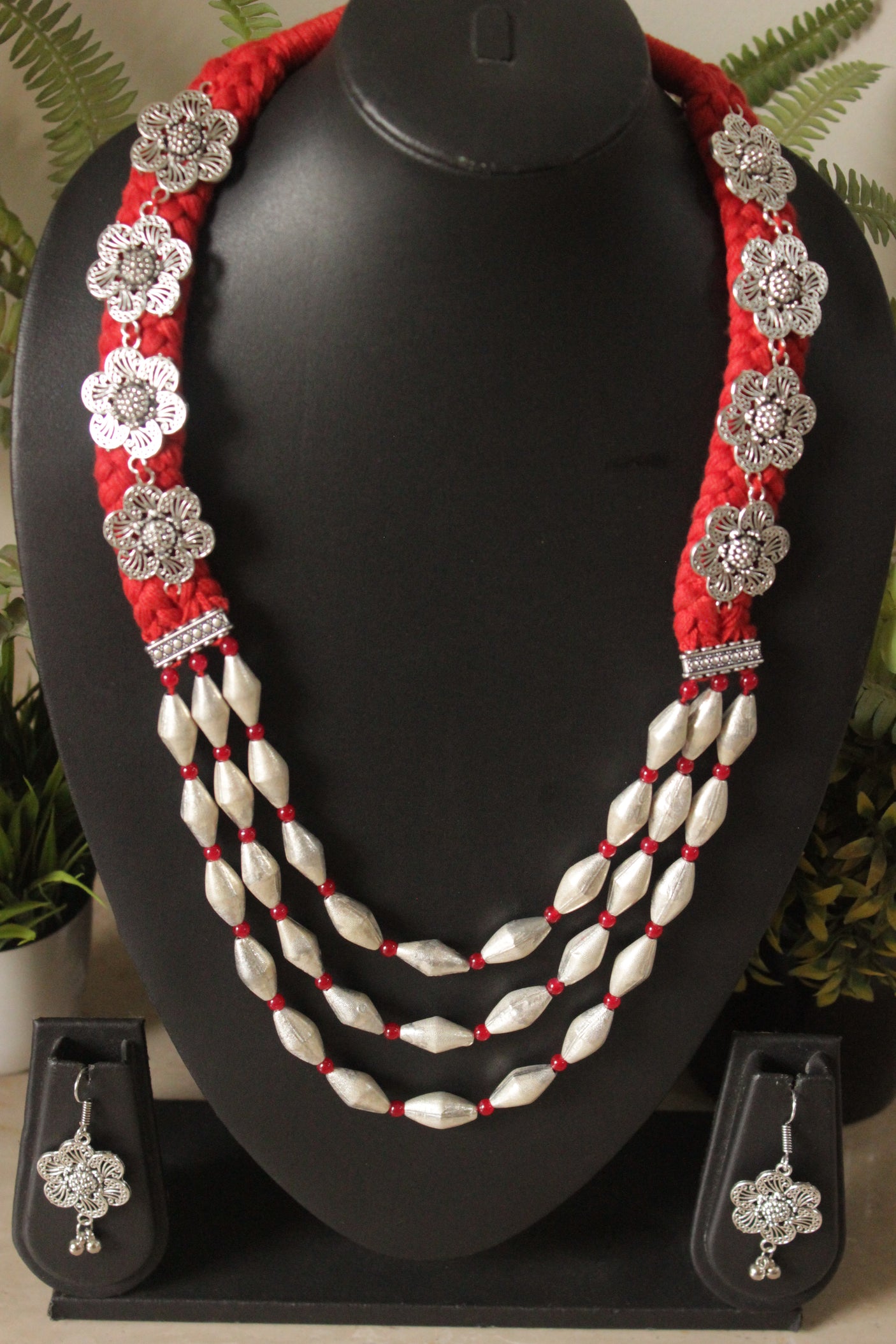 Dholki Beads Flower Motifs Braided Red Necklace Set