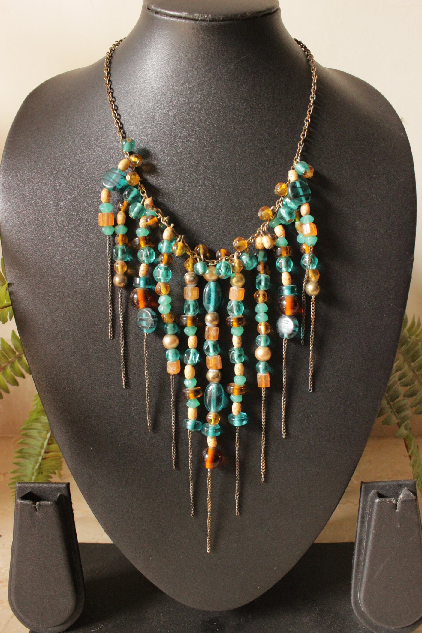 Glass Beads Embedded in Matt Gold Finish Chain Strings Necklace