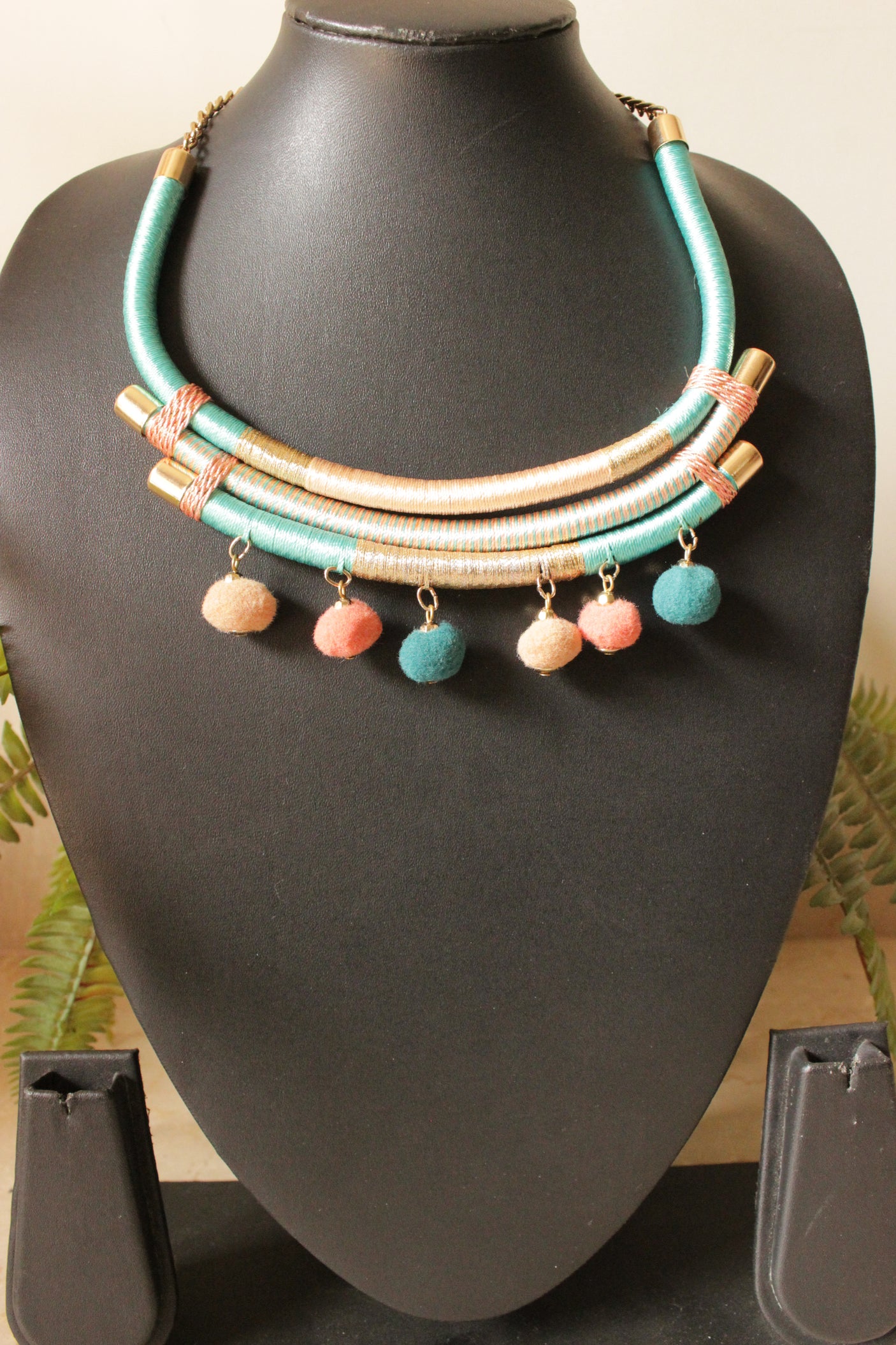 Blue, Pink and Golden Threads Hand Braided Pom Pom Embellished Handcrafted Necklace