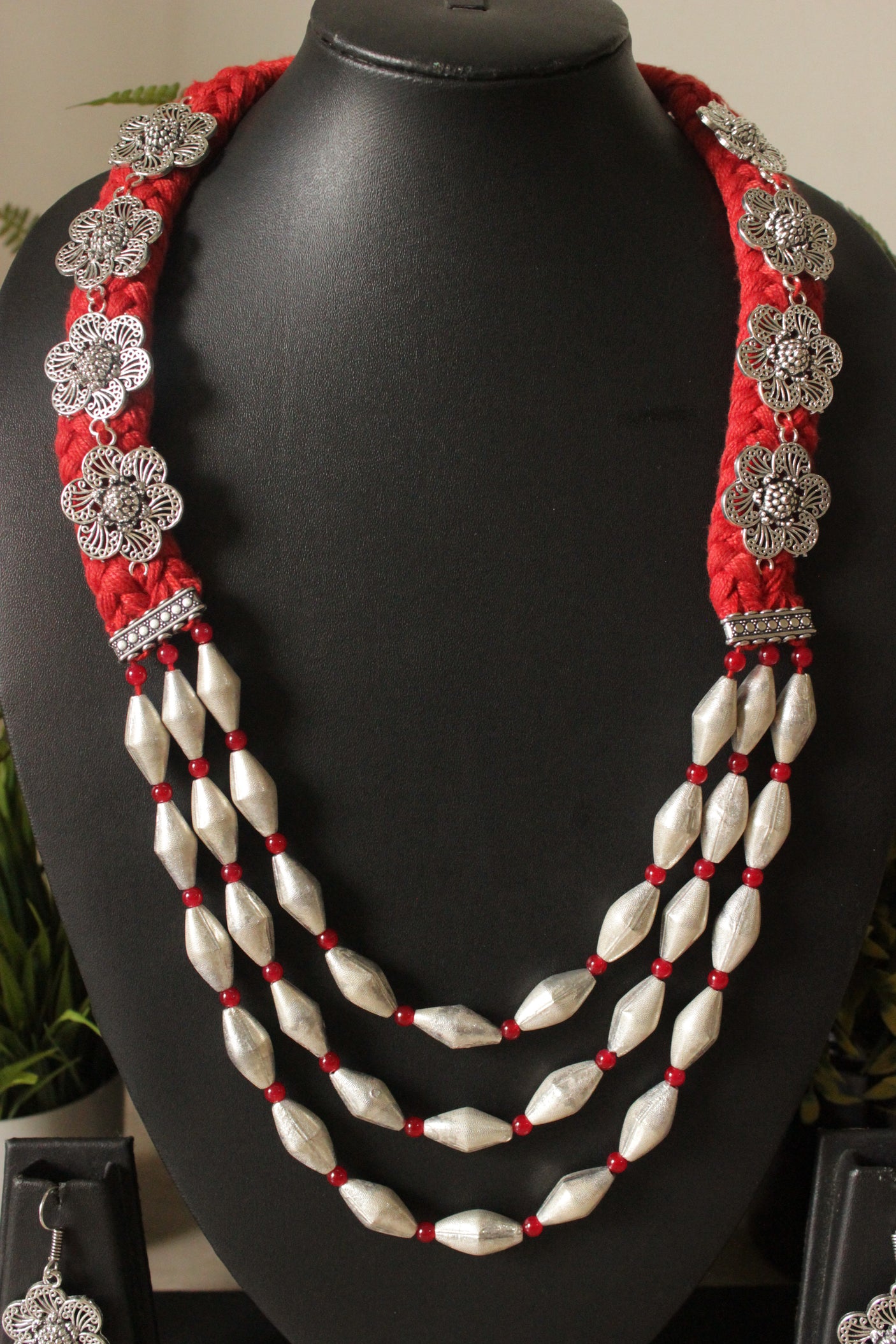 Dholki Beads Flower Motifs Braided Red Necklace Set