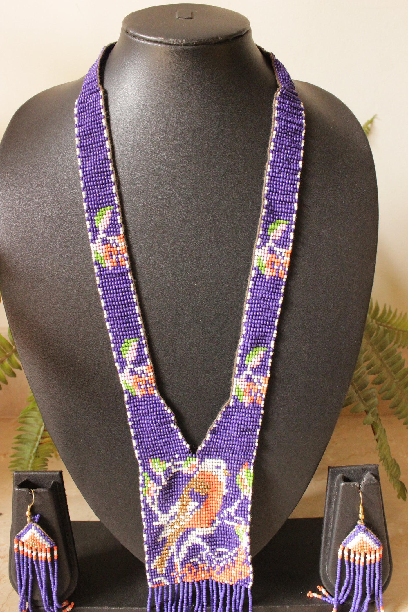 Hand Braided Bird Motif Purple with Orange and Green Tones Beaded Long Necklace Set