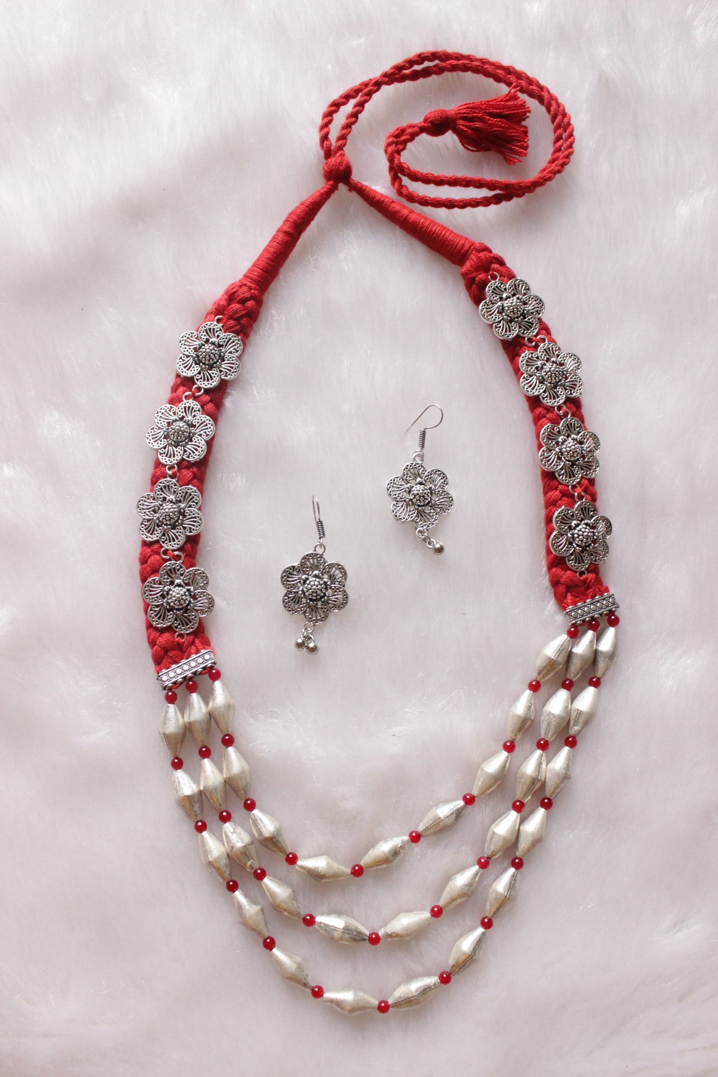 Dholki Beads Flower Motifs Braided Red Necklace Set