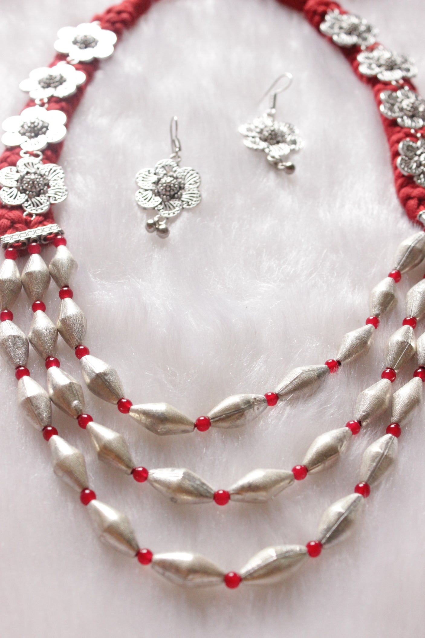 Dholki Beads Flower Motifs Braided Red Necklace Set