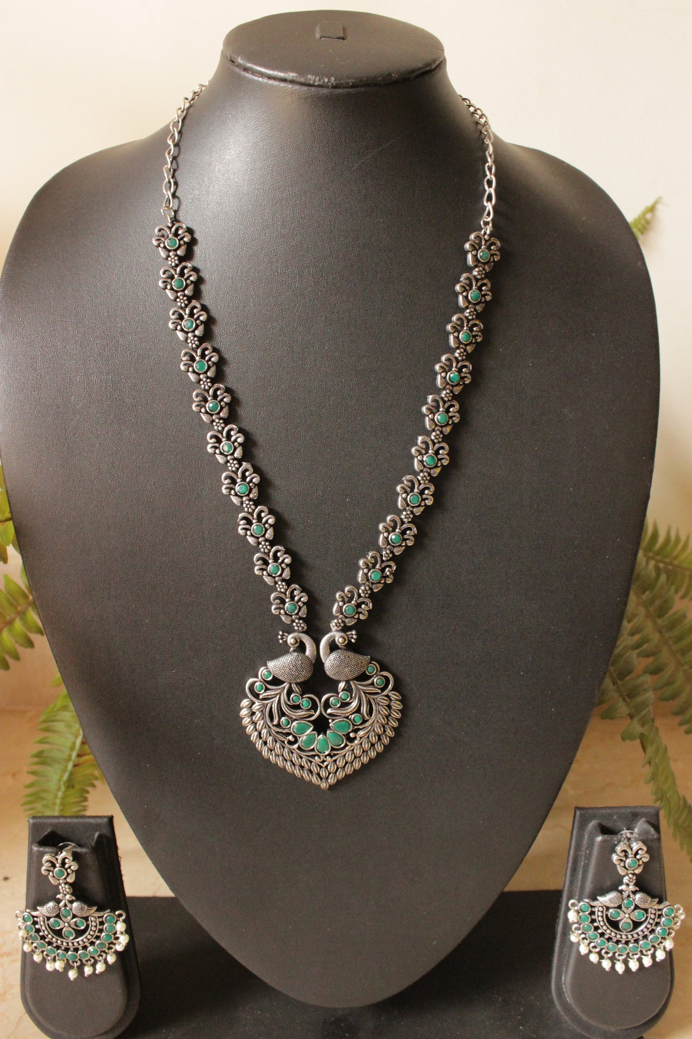 Oxidised Finish Peacock Shape Green Stones Embedded Necklace