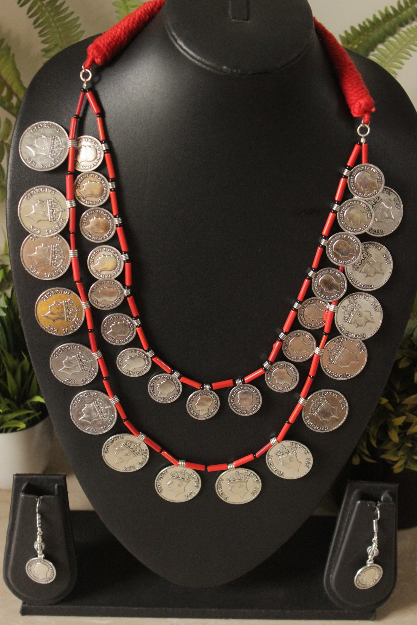 2 Layer Red Beads and Vintage Stamped Metal Coins Braided Necklace Set