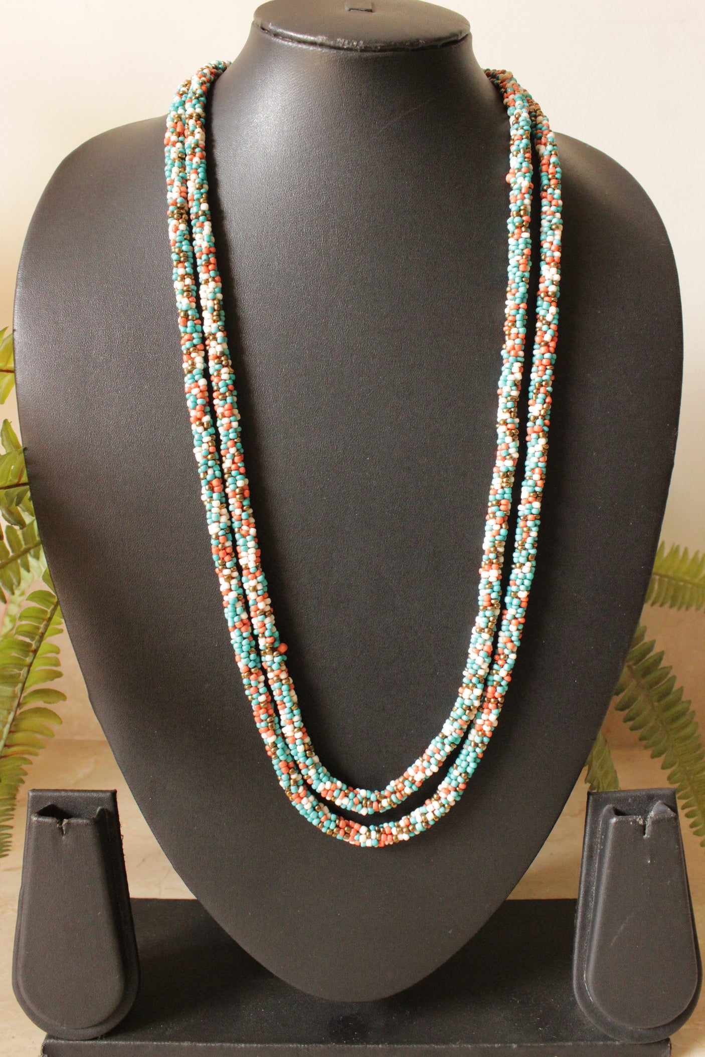 Blue, Orange and White Beaded Handmade 2 Layer Necklace