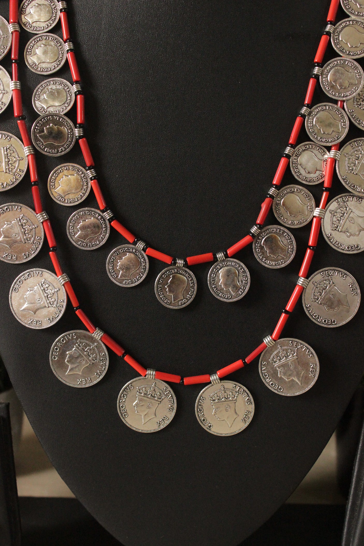 2 Layer Red Beads and Vintage Stamped Metal Coins Braided Necklace Set