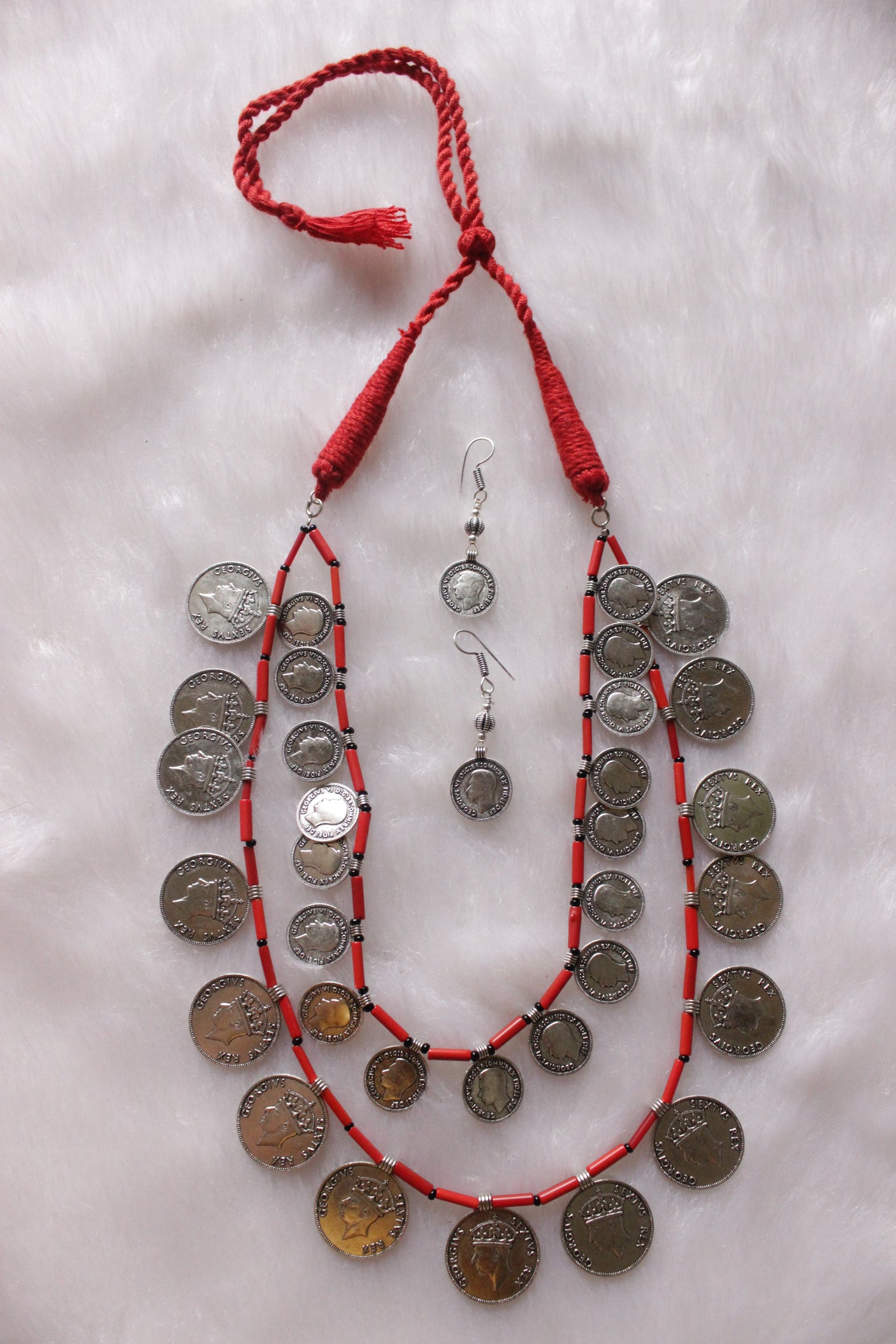 2 Layer Red Beads and Vintage Stamped Metal Coins Braided Necklace Set