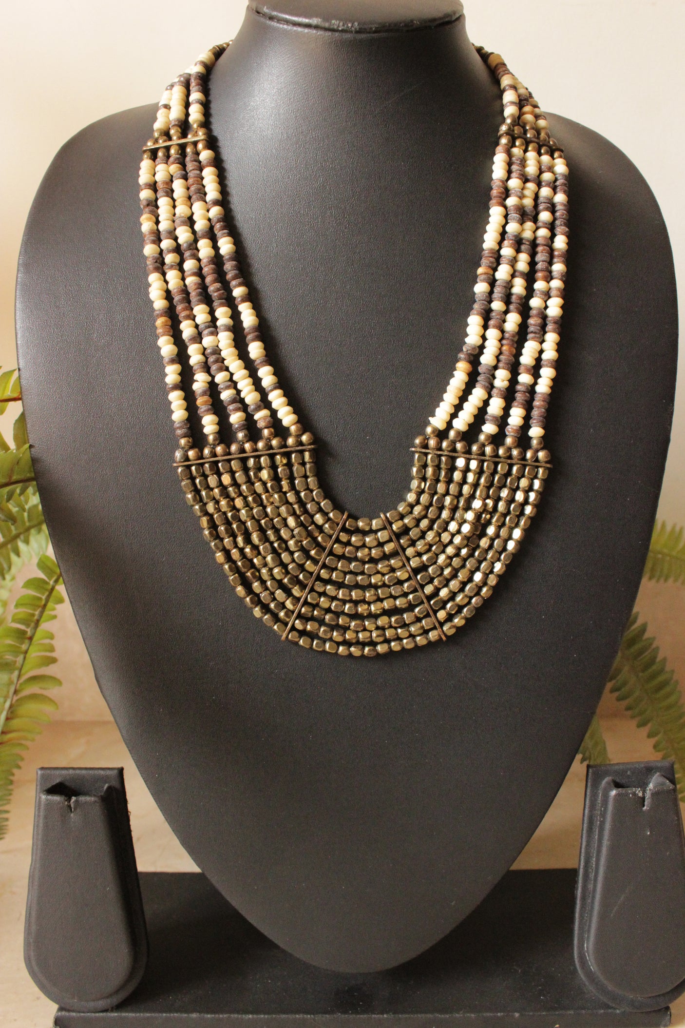 Golden and Ivory Metal Beads Multi-Layer Hand Braided Necklace