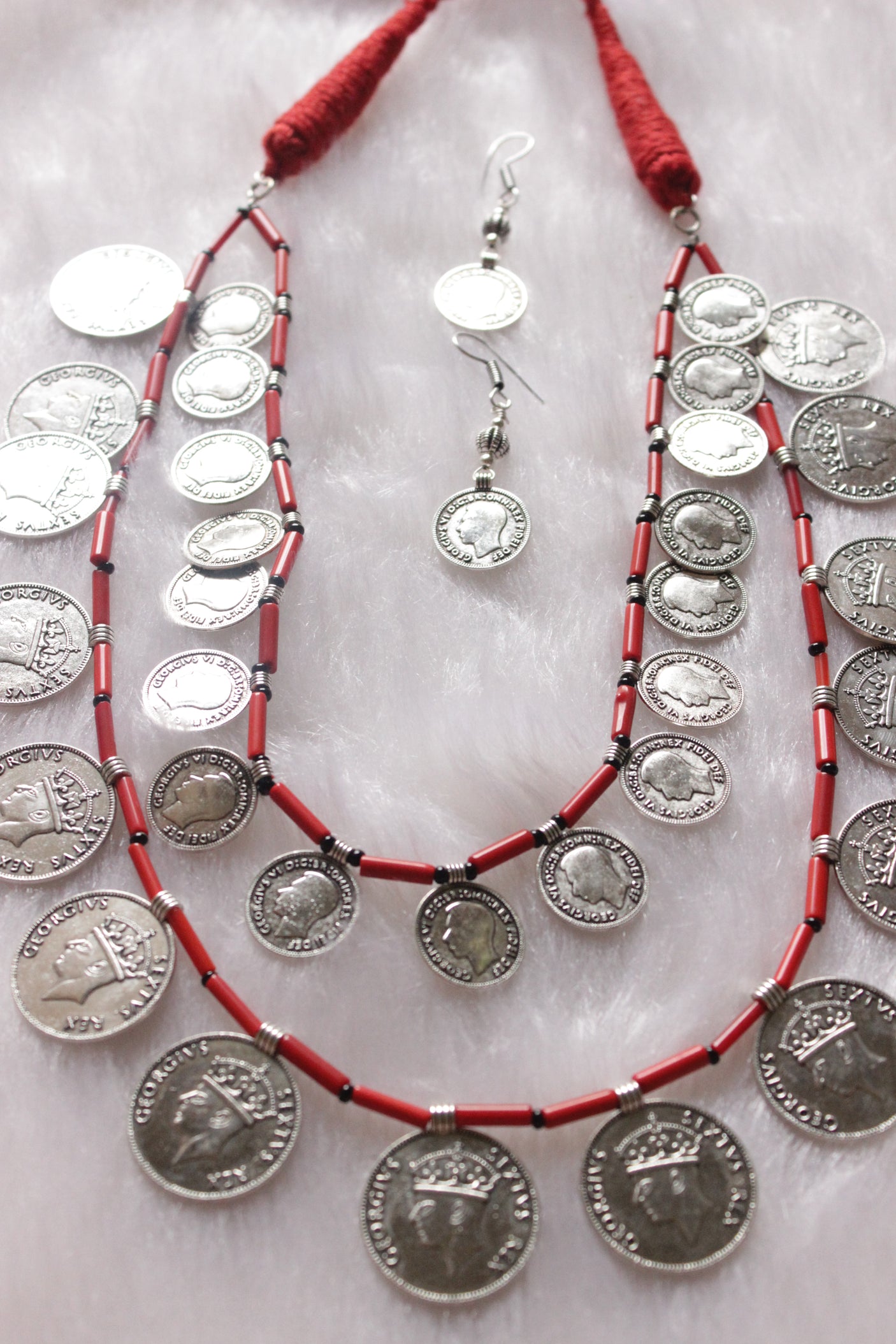 2 Layer Red Beads and Vintage Stamped Metal Coins Braided Necklace Set