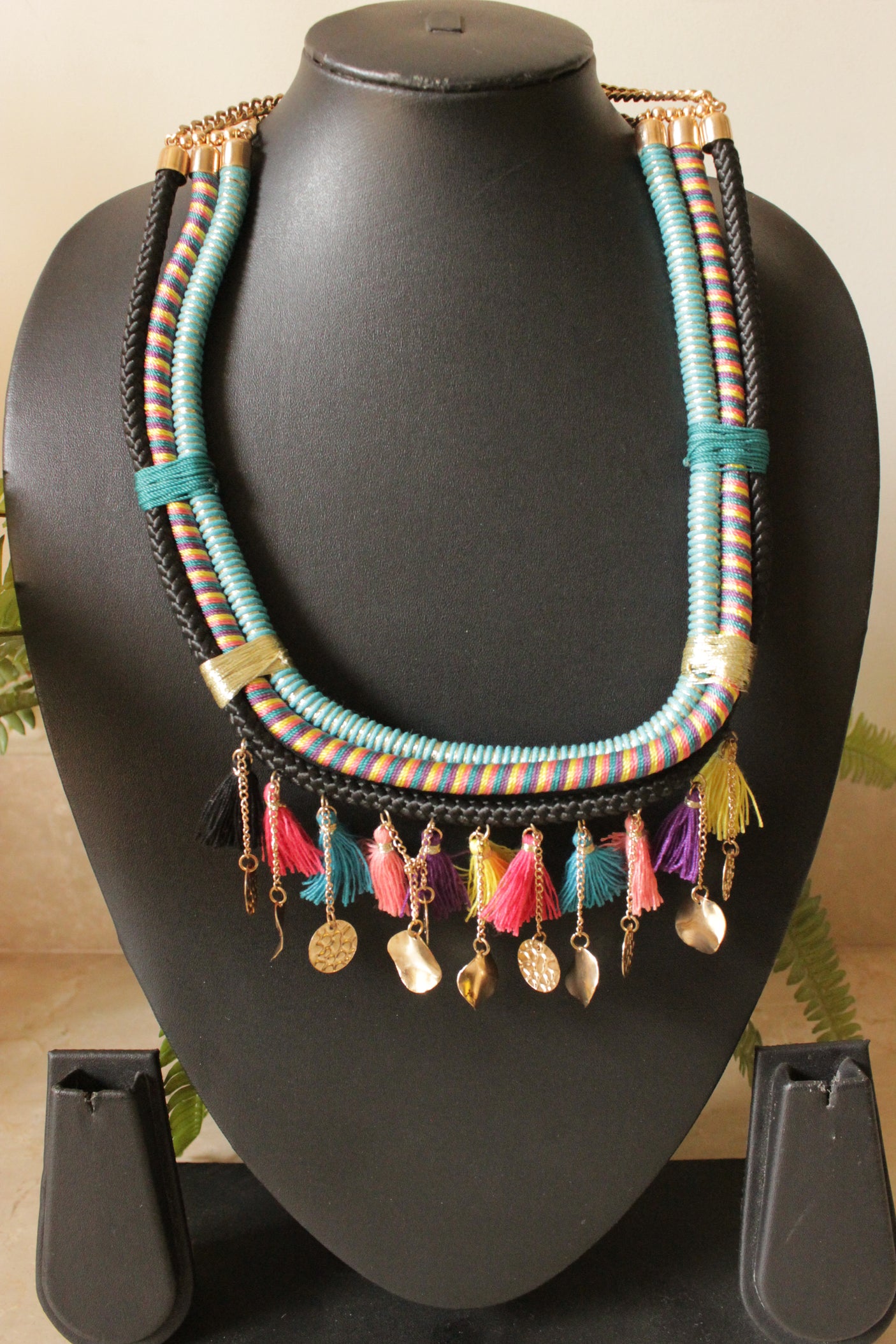 Fabric Threads Hand Braided Pom Pom Embellished Handcrafted Necklace